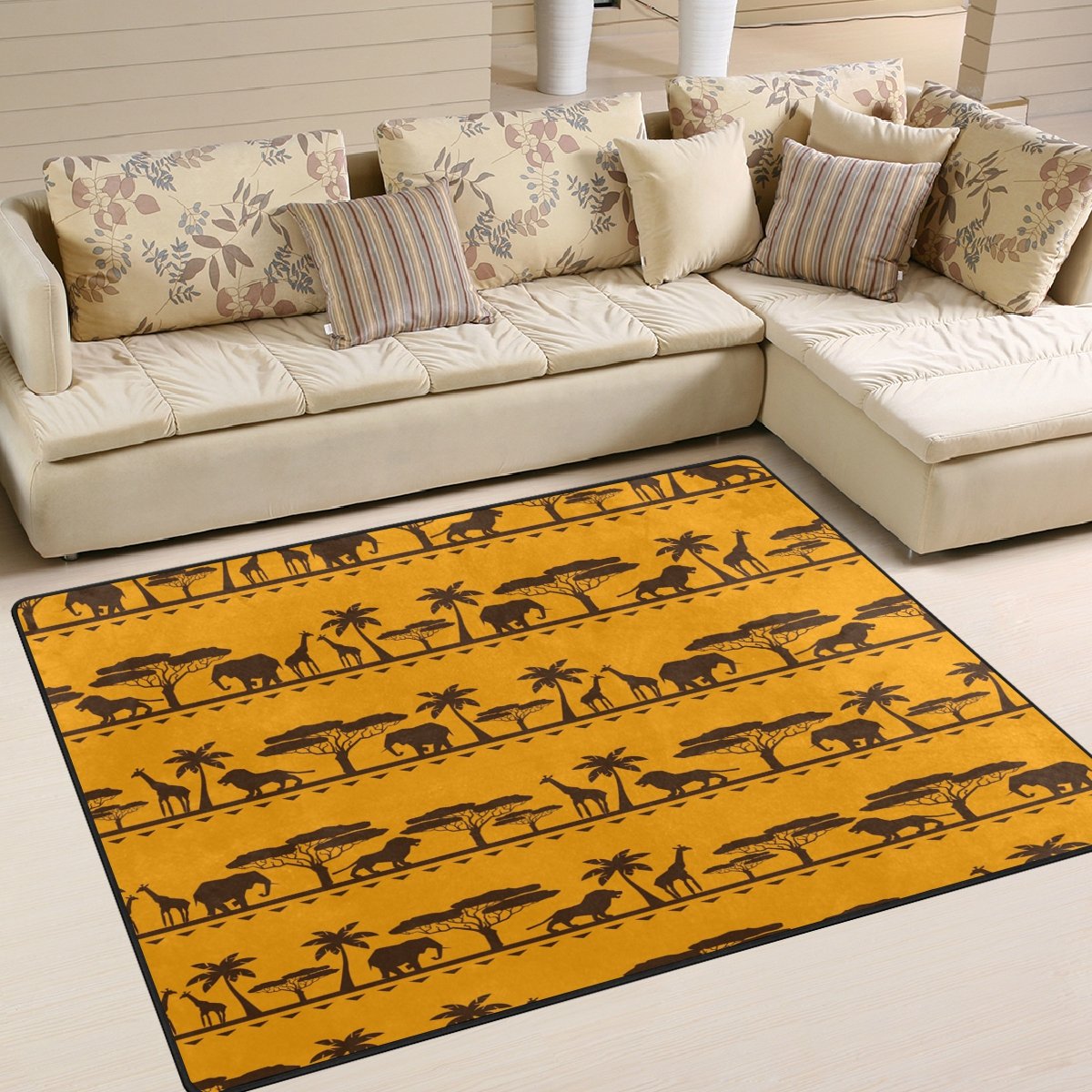 ALAZA Vintage African Style Elephant Giraffe Palm Tree Area Rug - 7' x 5' Non-Slip Living Room Bedroom Rug - Boho Home Decor for Safari Jungle Themed Spaces