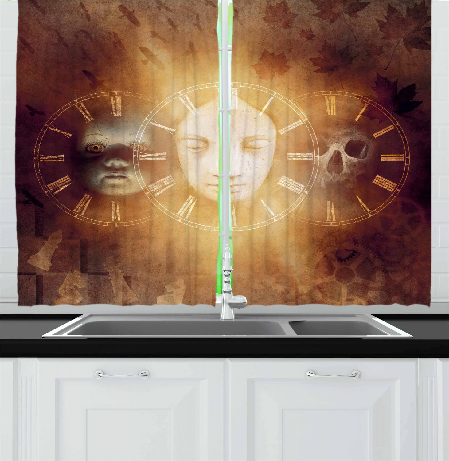 Ambesonne Gothic Skull Baby Face Kitchen Curtains - Psychedelic Spooky Design with Birth Life Death Artwork, 2 Panel Rod Pocket Drapes, 55