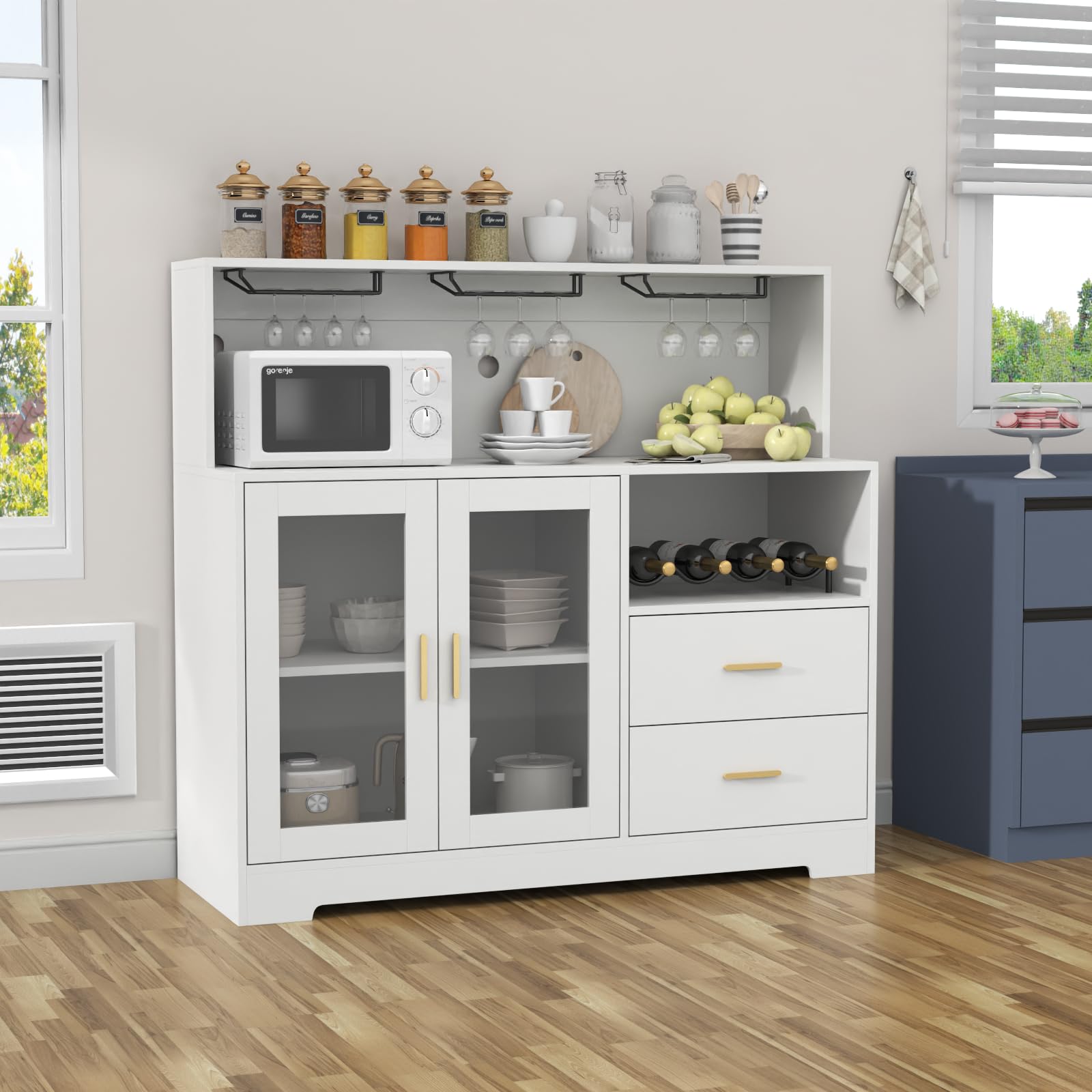 Modern White Wine Bar Cabinet with LED Lighting - Kitchen Buffet Sideboard with Wine & Glass Rack, Storage Cabinet & Drawers - Perfect for Living Room, Dining Room & Home Bar Setup