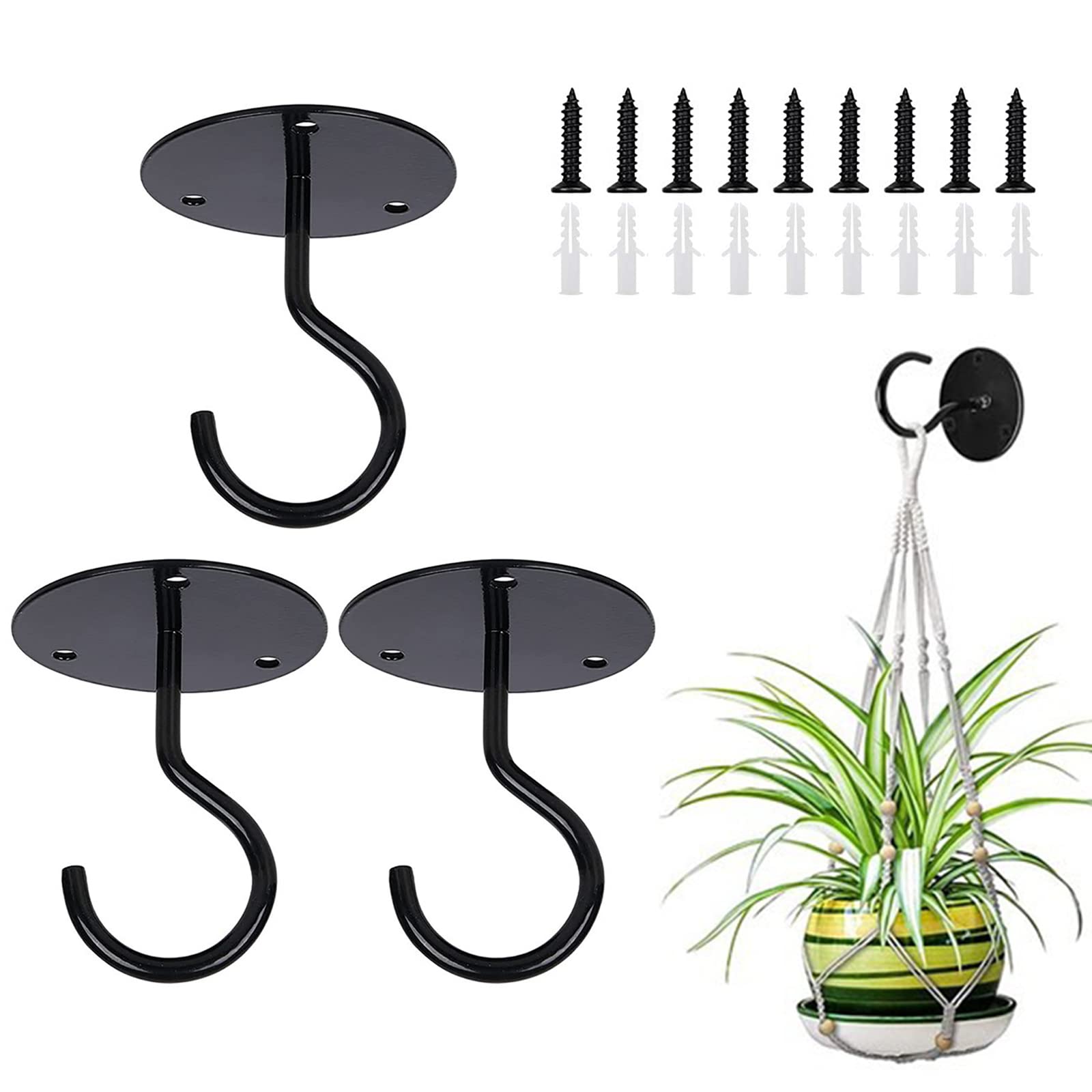 3PCS Heavy Duty Ceiling Hooks for Hanging Plants - Wall Mount Metal S Hooks with Screws & Anchors - Perfect for Hanging Plant Baskets, Lanterns, Wind Chimes, Bird Feeders - Indoor/Outdoor Home & Garden Decor (Black)