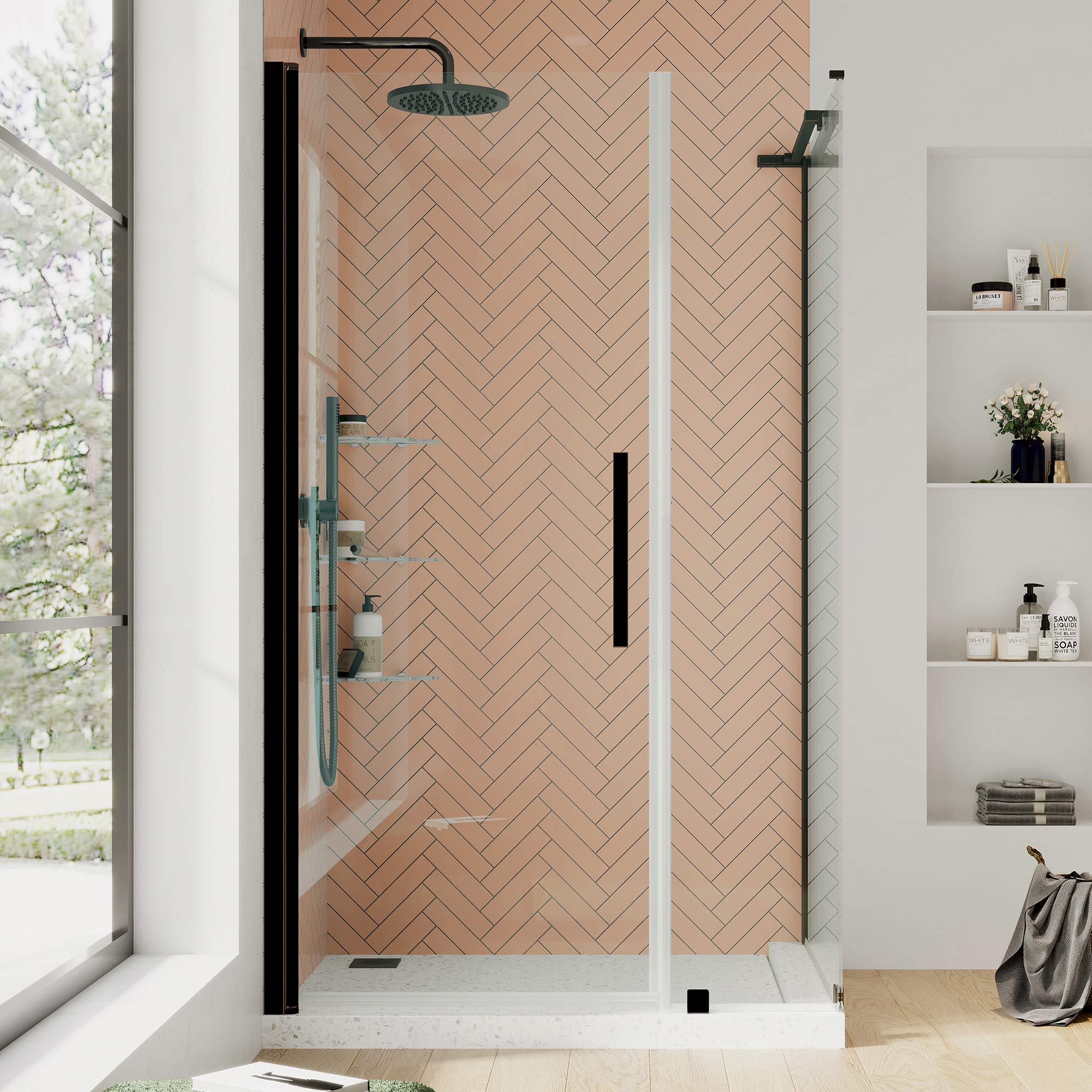 OVE Decors Pasadena Frameless Corner Shower Door 44x33 Inch Oil Rubbed Bronze with Shelves - Modern Bathroom Upgrade for Small Spaces PA0643301