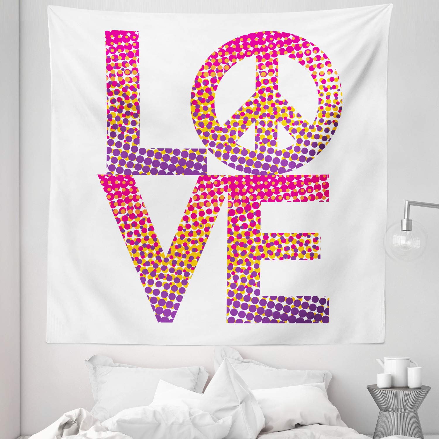 Ambesonne Love Tapestry Queen Size 88x88 Inches - Colorful Halftone Dots Peace Symbol Wall Hanging, Bedspread & Room Decor - White Multicolor Bohemian Style for Bedroom, Dorm, Living Room & Studio