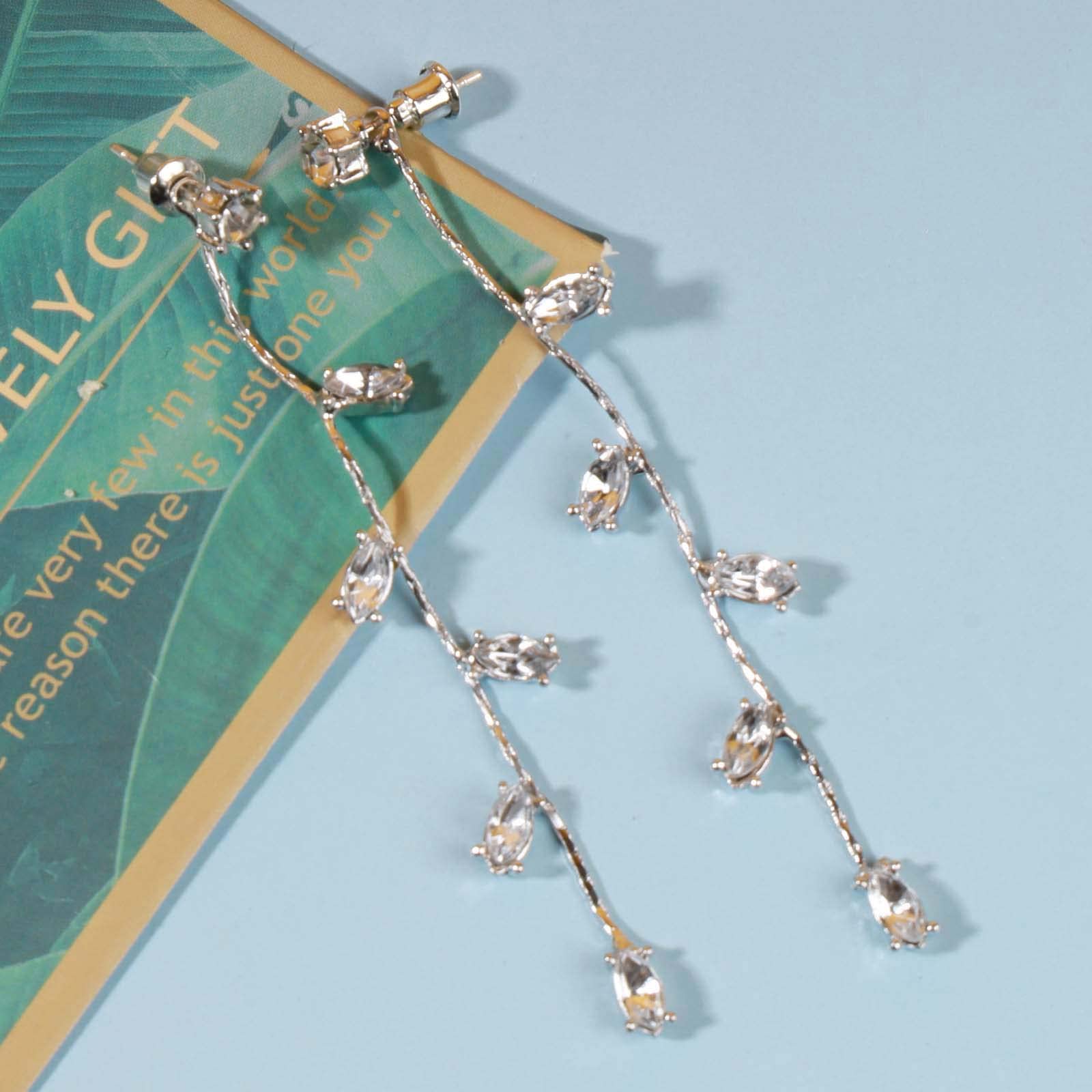 Crystal Leaf Drop Earrings - Silver CZ Rhinestone Dangle Earrings for Women | Elegant Wedding Jewelry & Party Accessories