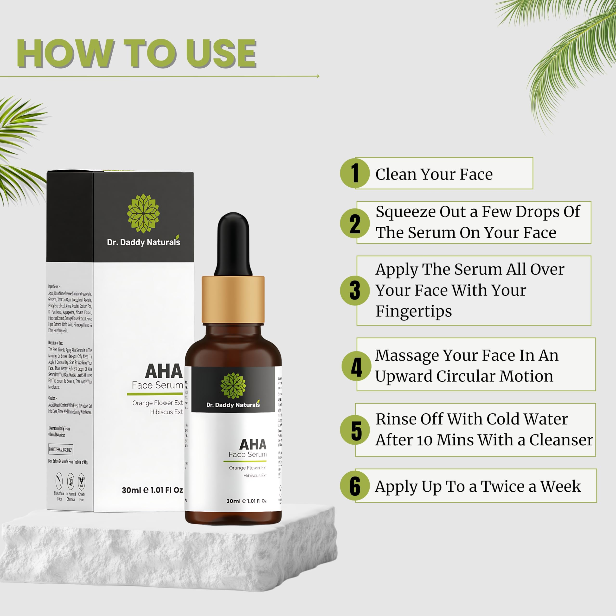 Dr. Daddy Naturals AHA Face Serum with Orange Flower & Hibiscus Extract - Acne Spot Treatment for Clear Skin, Brightening & Smoothing - Suitable for Normal, Oily, Dry & Combination Skin - Paraben & Sulfate Free, Fragrance Free - 30ml - Perfect for Daily Skincare Routine & Nighttime Skin Repair