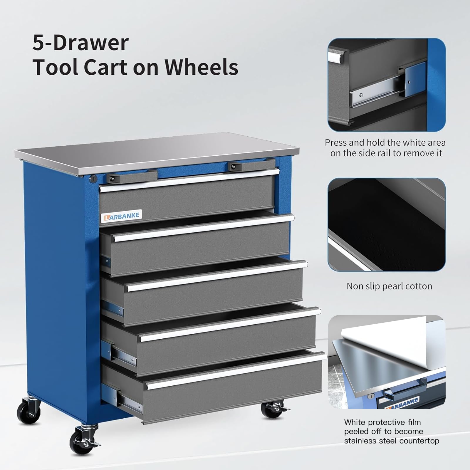 5-Drawer Rolling Tool Chest with Keyed Lock & Drawer Liners - Heavy Duty Mobile Tool Cabinet with Link Buckle, Expandable for Large Cabinet Set - Perfect for Garage, Workshop & Warehouse Organization