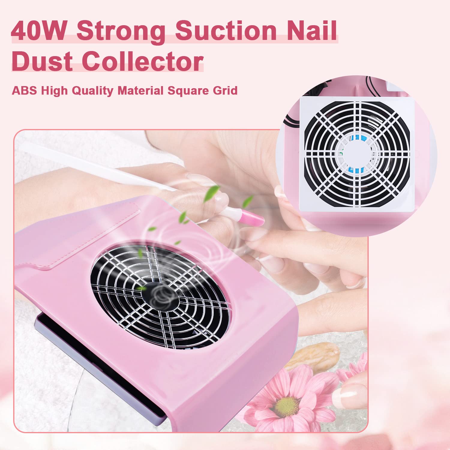 40W Pink Nail Dust Extractor for Manicure & Gel Removal - Salon & Home Use