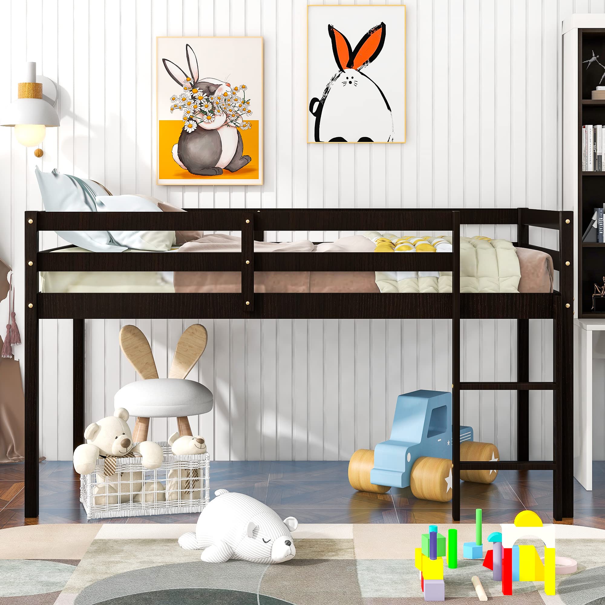 **Solid Wood Twin Loft Bed Frame with Guard Rail & Ladder - Low Profile, No Box Spring Needed, Easy Assembly (Espresso) - Perfect for Kids, Teens & Small Spaces**