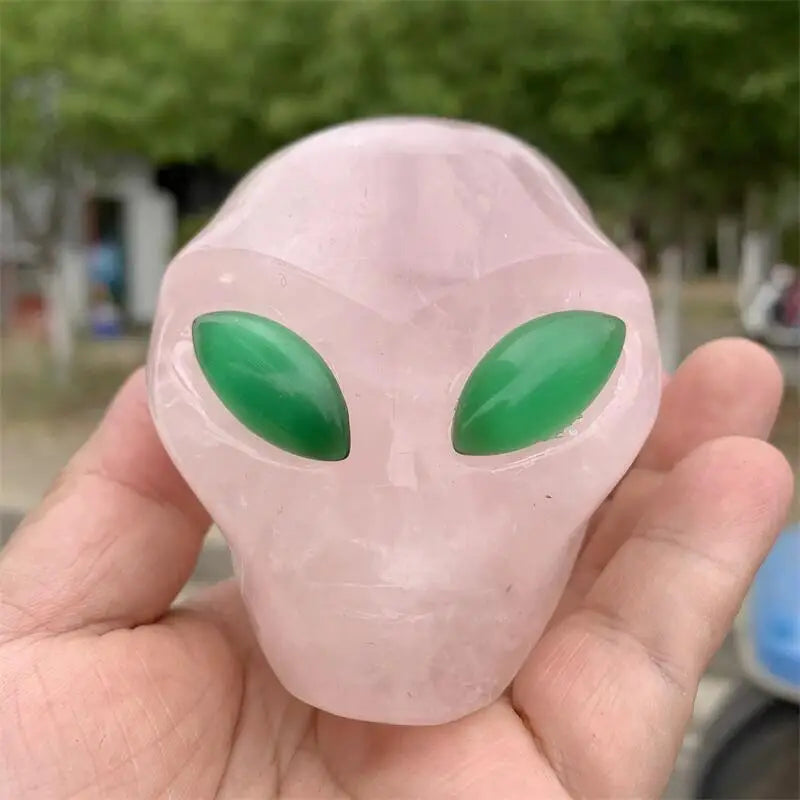 Hand Carved Natural Rose Quartz Crystal Alien Skull - Healing Reiki Stone, Unique Halloween Decor & Spiritual Gift for Home, Meditation & Energy Work