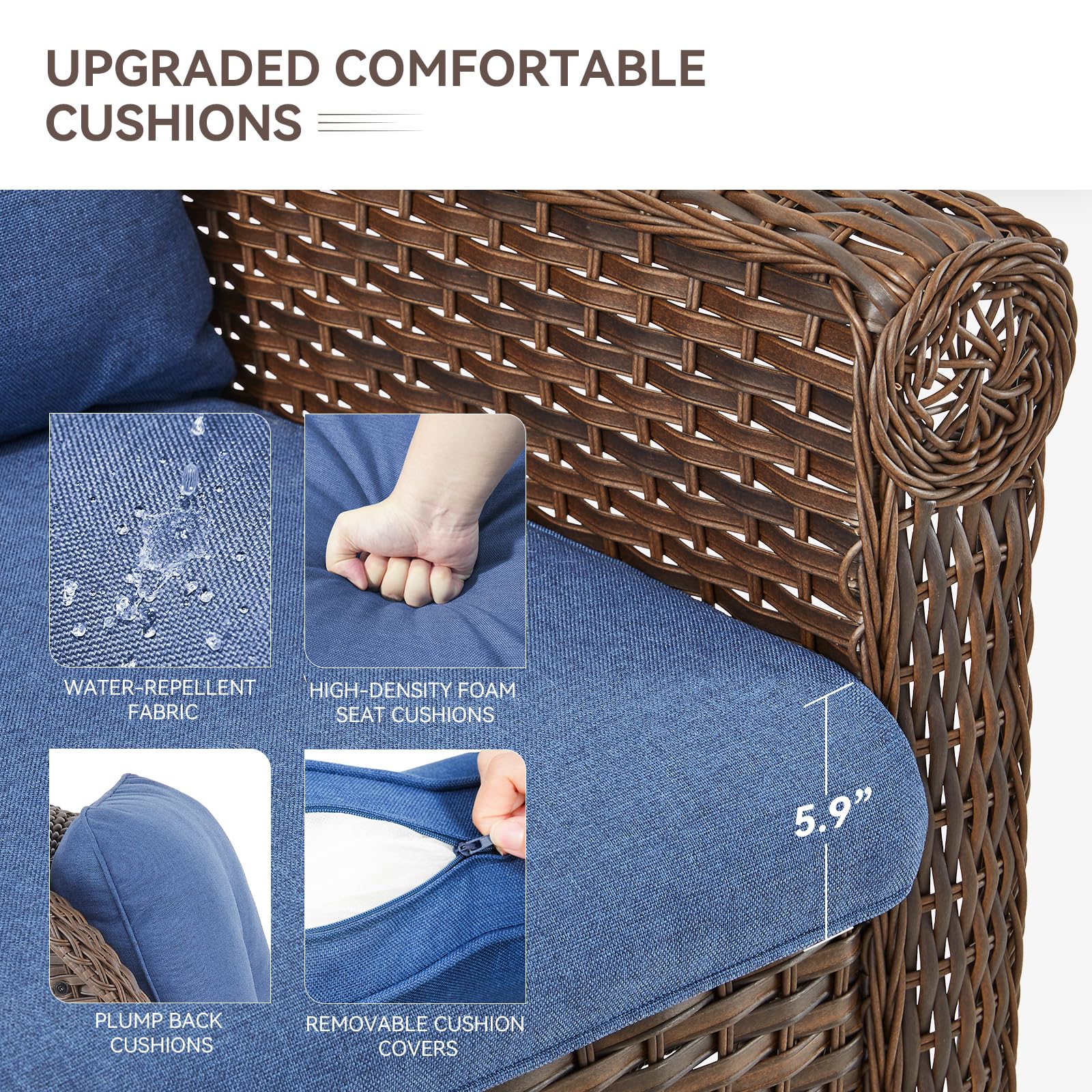 Brown Rattan Loveseat Outdoor Sofa with Water-Resistant Blue Cushions & Chrysanthemum Armrest - Patio Garden Balcony Backyard Poolside Furniture for Relaxing & Entertaining (1PC)