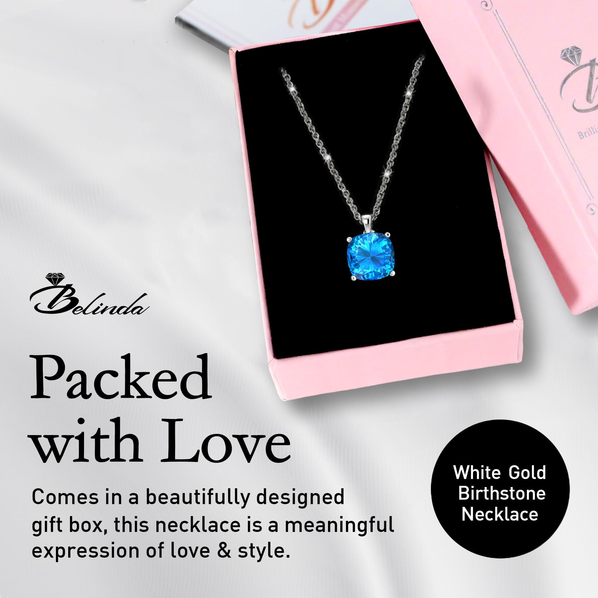 14K White & Yellow Gold Birthstone Pendant Necklace for Women - Sparkling Cushion Cut Gemstone with Sterling Silver Chain - Elegant Fine Jewelry Gift for Birthday, Anniversary & Special Occasions