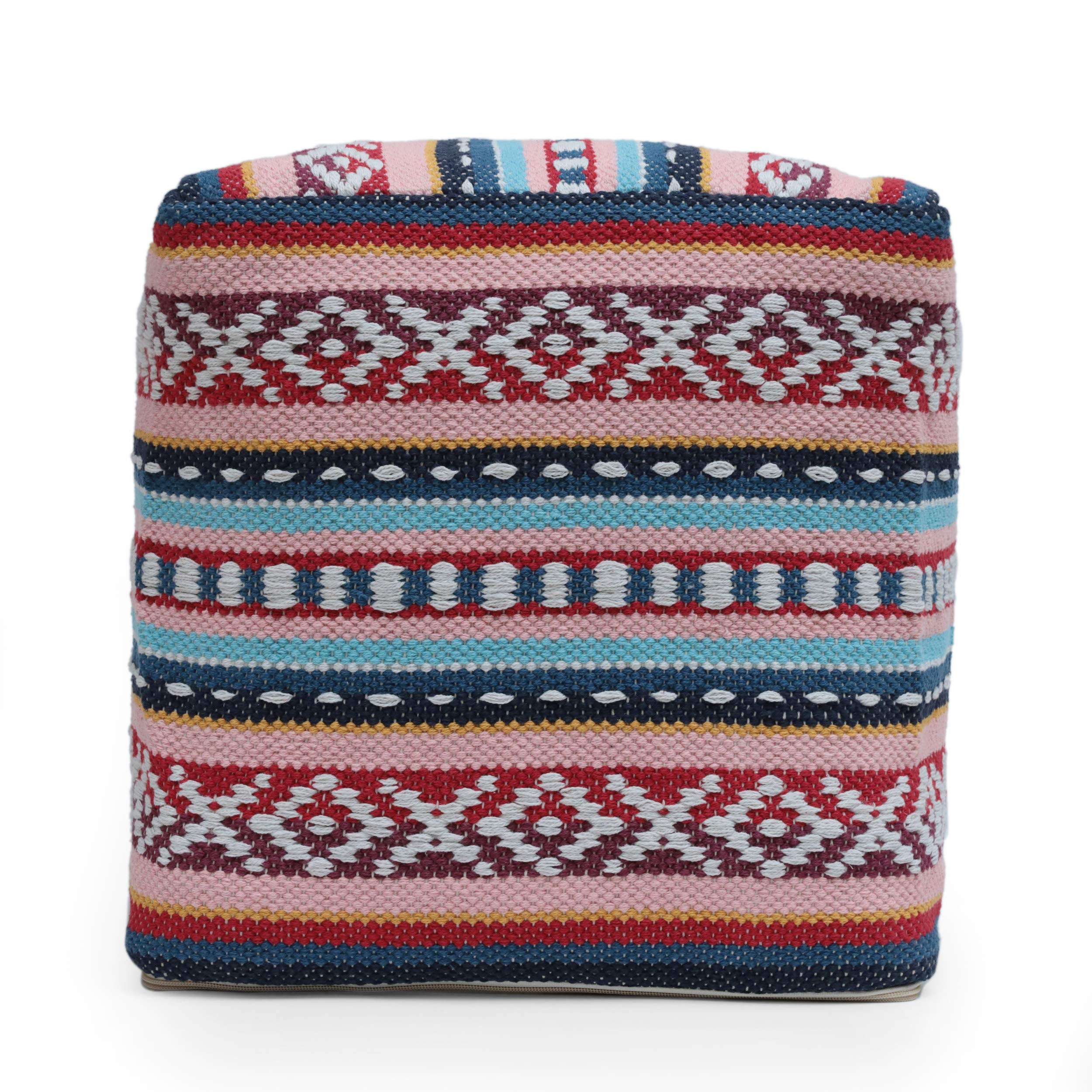 Christopher Knight Home Hamler Pouf Ottoman - Pink, Blue & Multi-White Geometric Pattern, Stylish Floor Seating for Living Room, Bedroom or Nursery