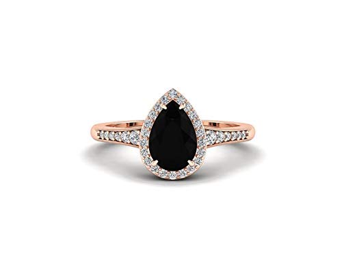 Natural Black Onyx Engagement Ring Sterling Silver - Rose Gold Halo Unique Solitaire Ring for Women - Half Eternity Band - Pear Shape Black Onyx Jewelry - Wedding, Proposal, Anniversary Gift - Perfect for Bridal, Evening Wear & Special Occasions