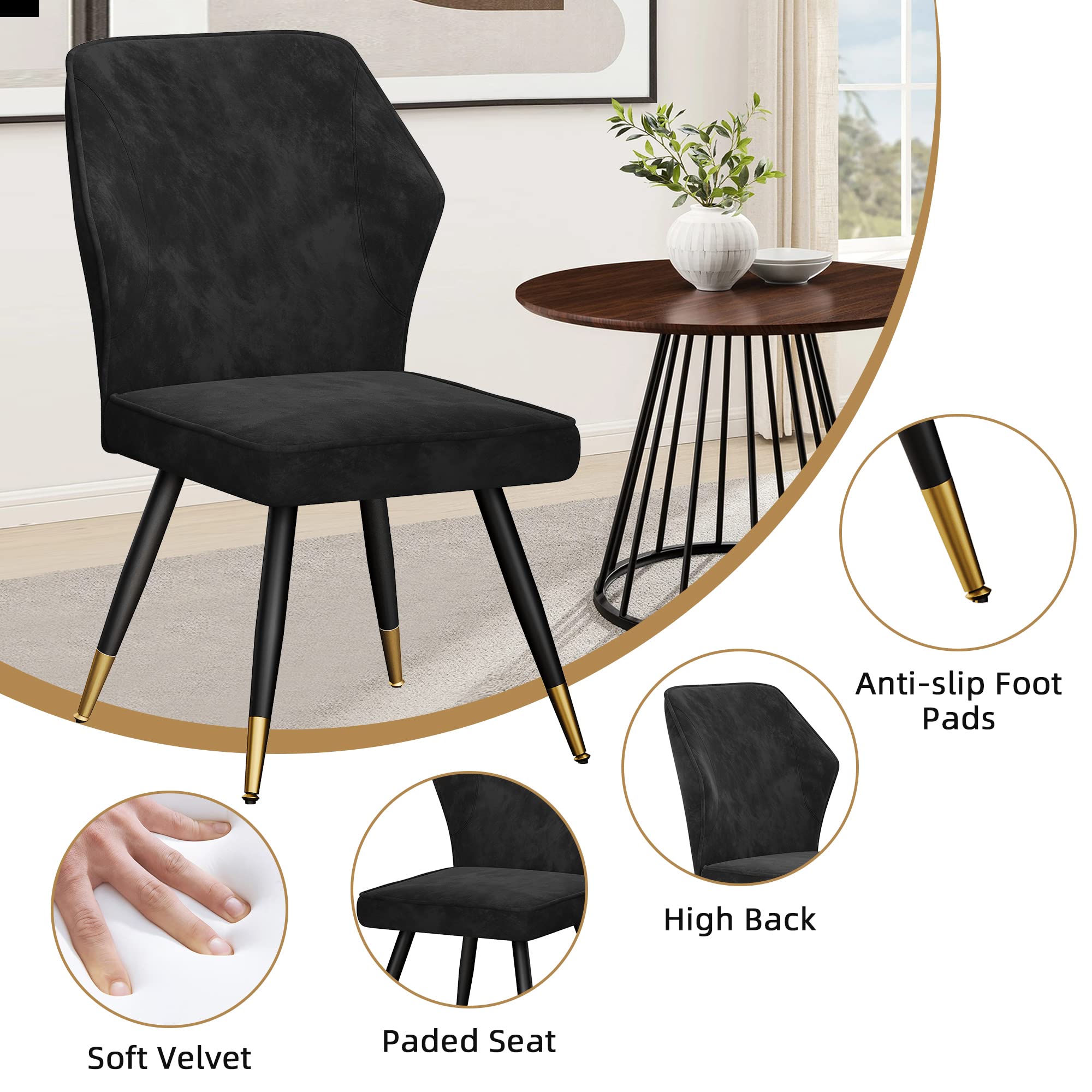 Black Velvet Dining Chairs Set of 2 - Modern Upholstered Kitchen & Living Room Accent Chairs, Armless Side Chairs for Dining Room, Home Decor | Perfect for Small Spaces, Apartments & Cozy Gatherings