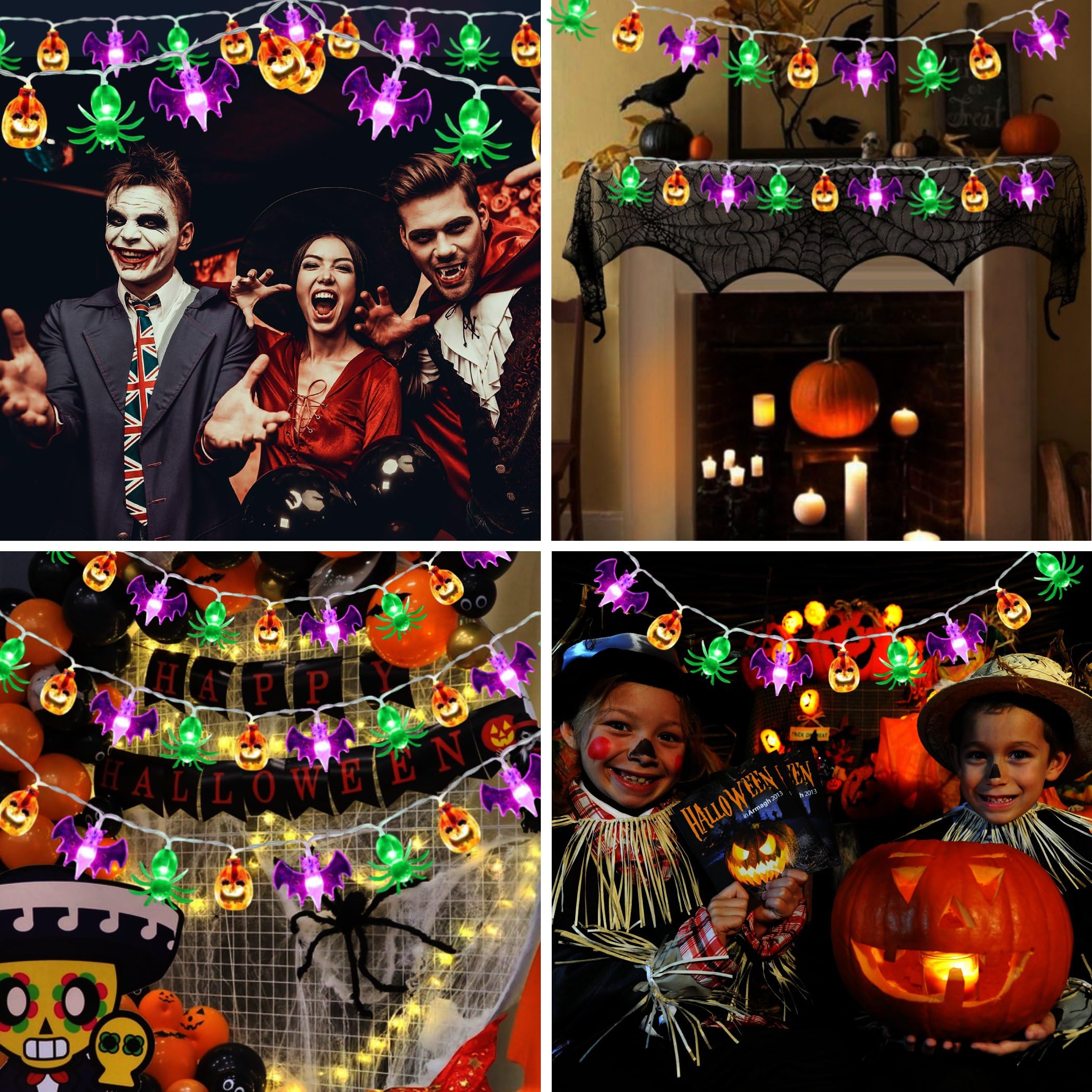 30 LED 3D Pumpkin Bat Spider Halloween String Lights - 14.76FT Battery Operated with Timer for Home, Window, Porch, Outdoor Party Decor - Perfect for Halloween Night, Spooky Yard Displays & Haunted House Decorations