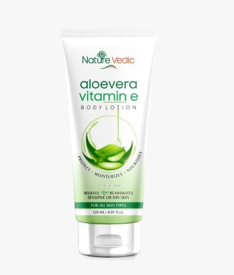 Nature Vedic Aloe Vera & Vitamin E Moisturizing Lotion - Hydrating Body Lotion & Face Cream for Sensitive & Dry Skin | All Skin Types | 120ml (Pack of 2) | Daily Skincare for Men & Women - Perfect for Home, Office & Travel Use