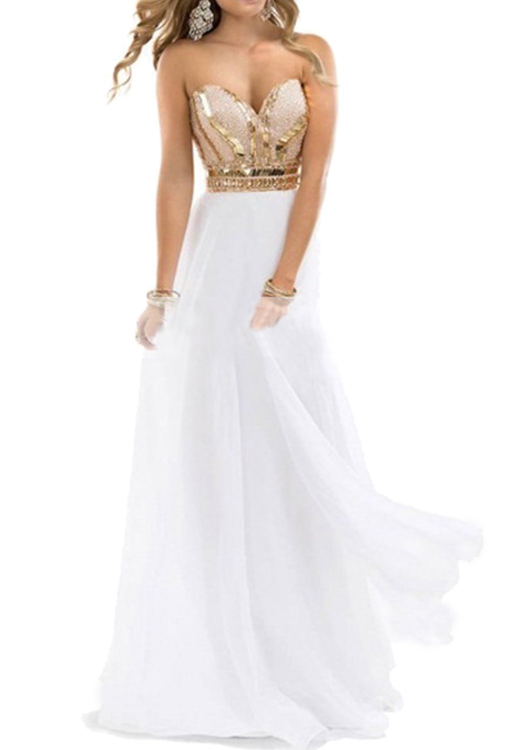 Lorderqueen Women's Sweetheart Neckline White Chiffon Gold Sequin Long Prom Dress for Homecoming, Formal Dances & Special Occasions