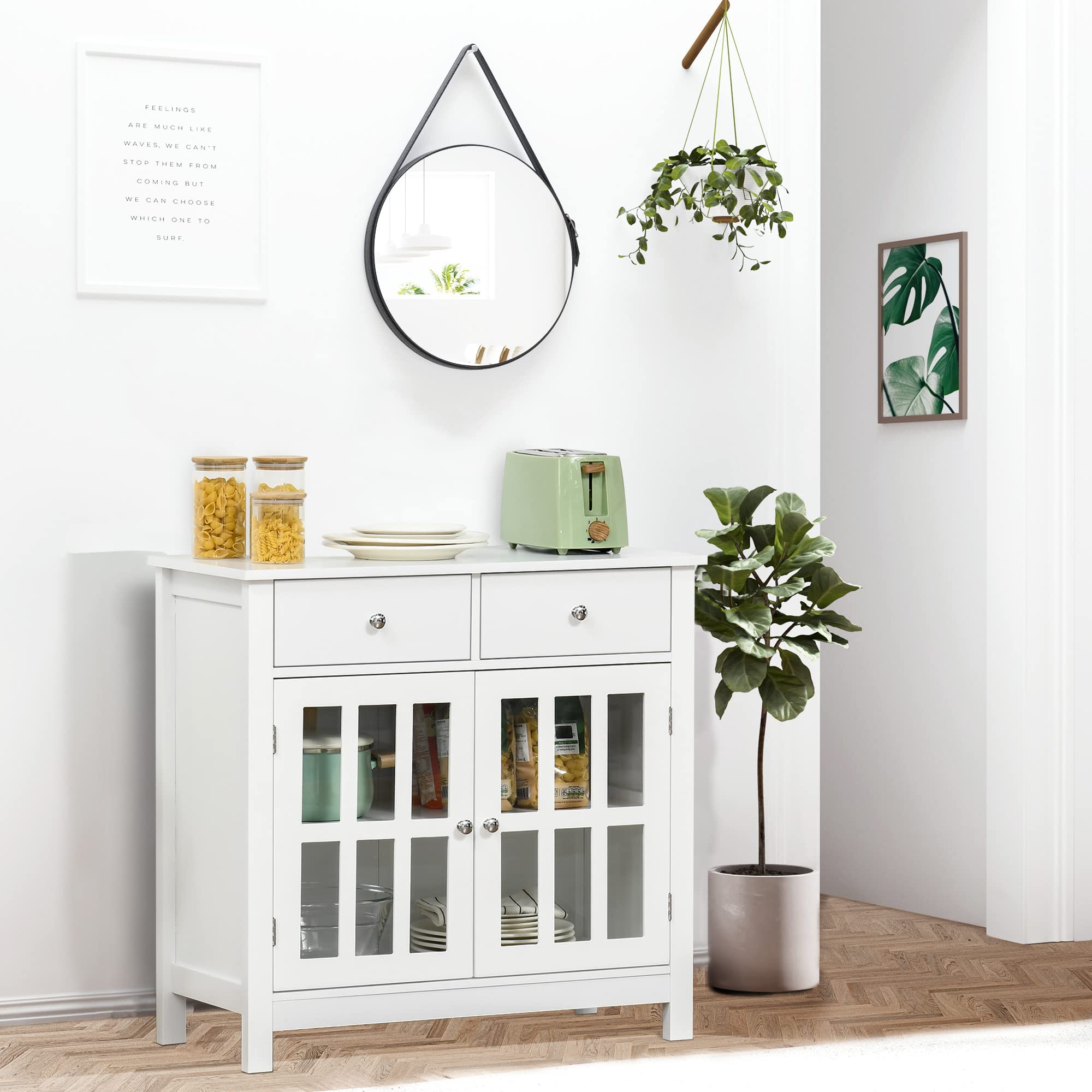 HOMCOM White Sideboard Buffet Cabinet with Glass Doors, Adjustable Shelf & 2 Drawers - Modern Kitchen Storage for Dining Room, Living Room, or Entryway Organization