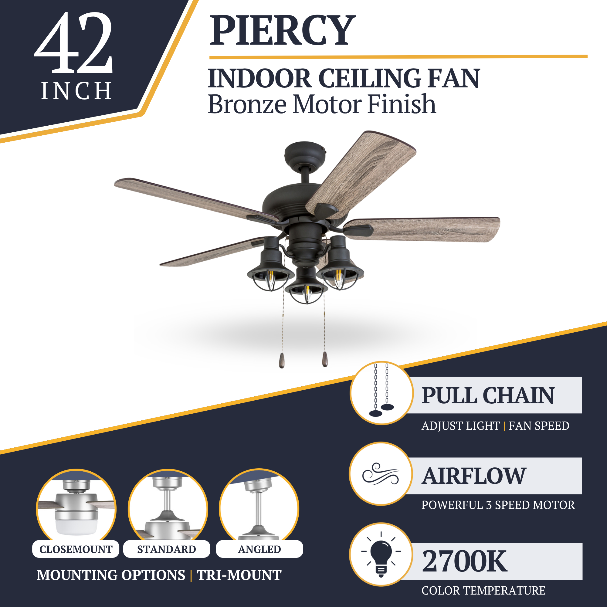 42 Inch Bronze Piercy Ceiling Fan with Pull Chain - Perfect for Living Room, Bedroom, and Outdoor Patio Cooling