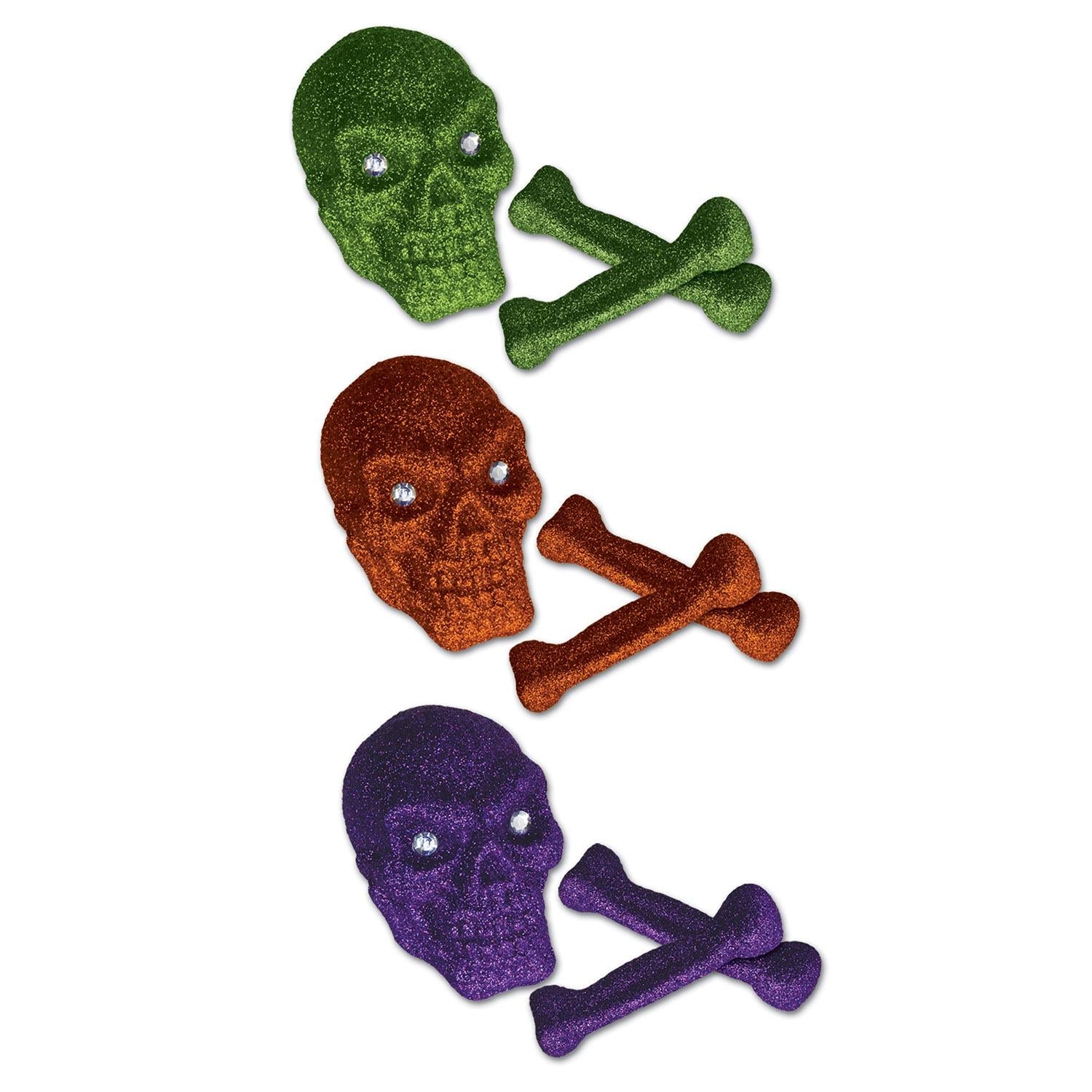 12 Pack Beistle Halloween Glittered Plastic Skull & Bones Decorations - 3 Piece Set for Party, Haunted House & Spooky Decor
