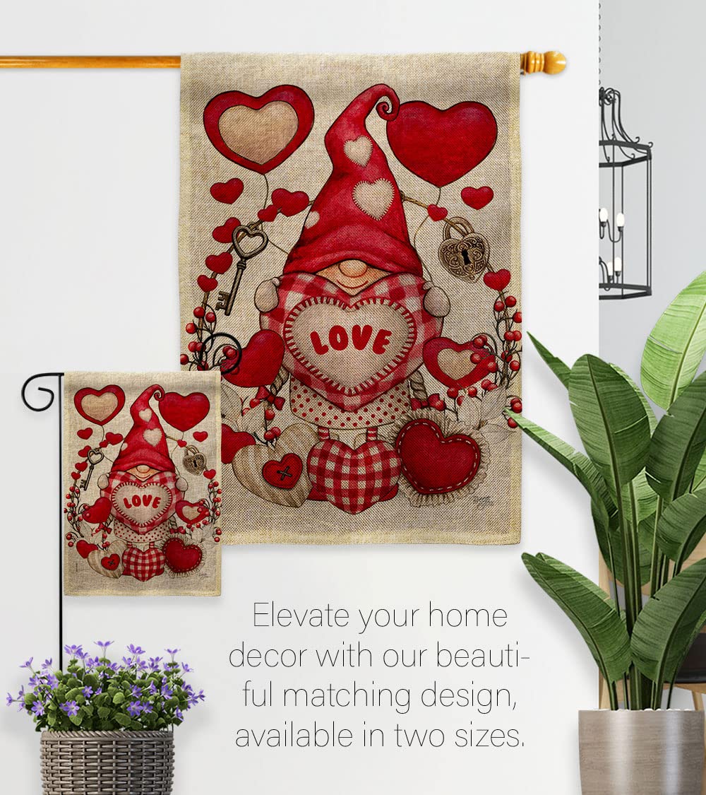 My Valentine Gnome Garden Burlap House Flag Set - Springtime Romantic Couple Decor with Happy Hearts, Double-Sided Outdoor Yard Banner for February Holiday - Made in USA | Perfect for Valentine's Day, Garden Decor, and Front Porch Displays