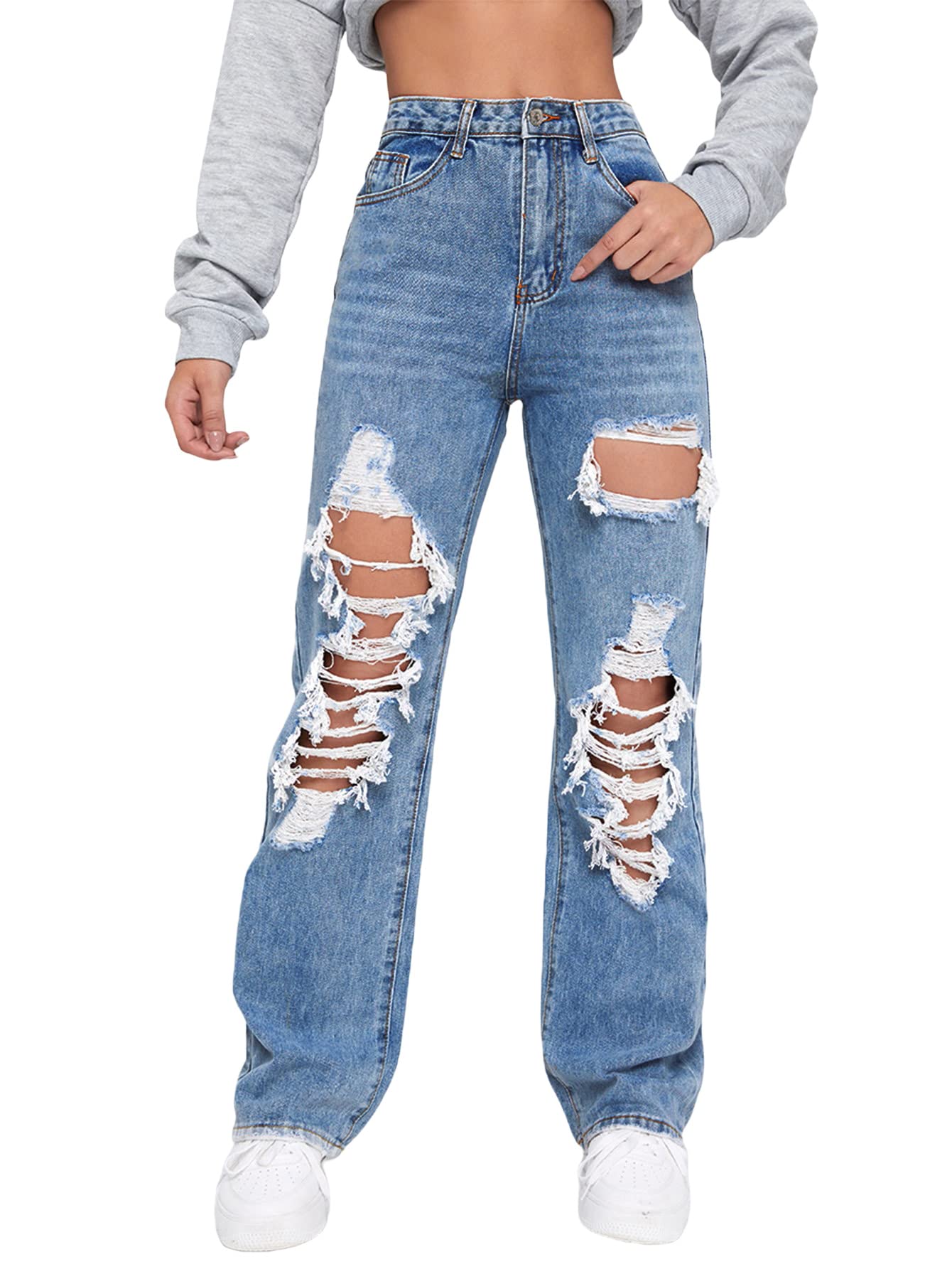 Floerns Women's High Waist Straight Leg Ripped Distressed Denim Jeans - Trendy Casual Pants for Everyday Wear, Street Style & Outfits