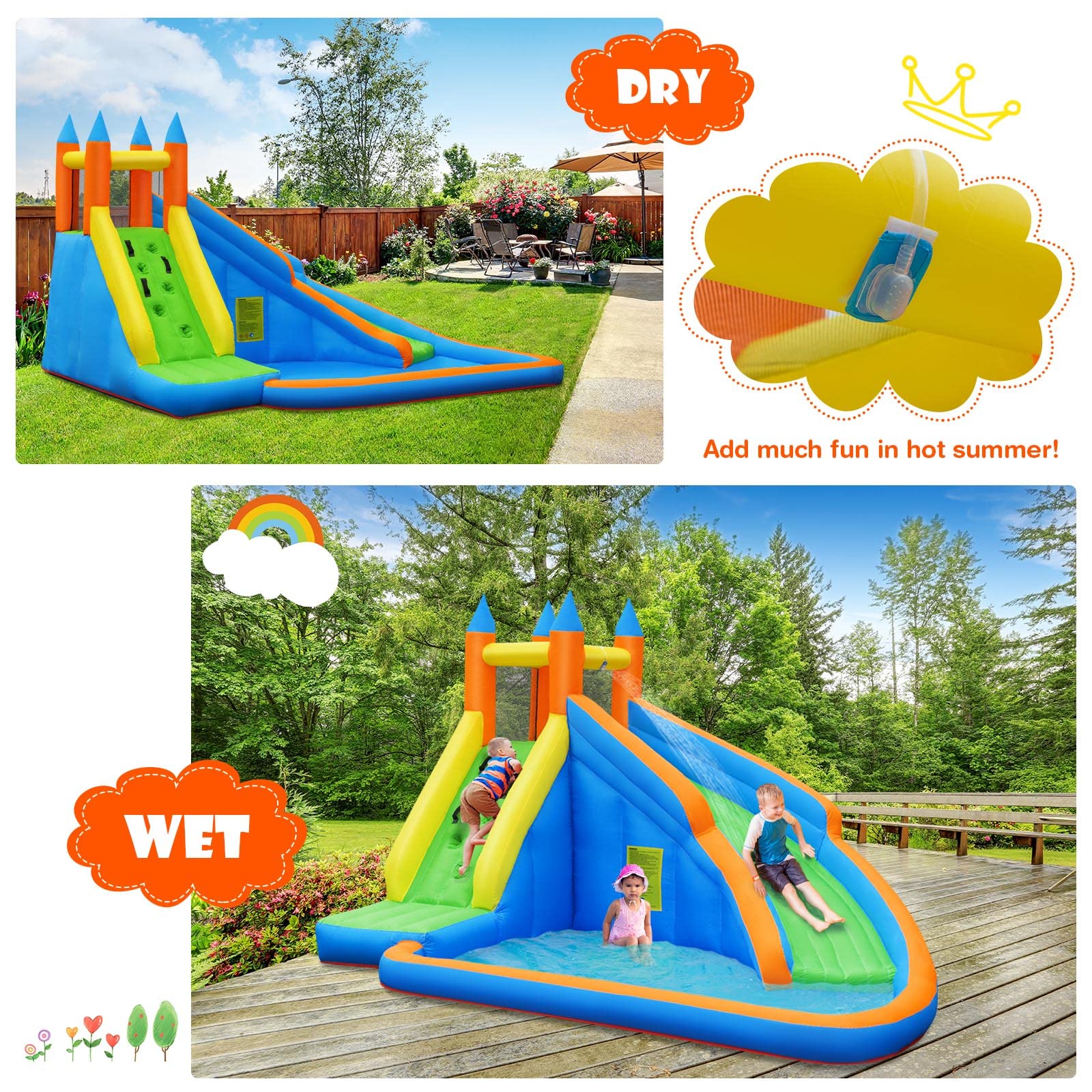 **Costzon Inflatable Water Slide for Kids & Adults - Giant Bouncy Waterslide Park with 480W Blower, Climbing Wall, Splash Pool - 2-Piece Blow Up Water Slide for Backyard, Outdoor Parties & Summer Fun**