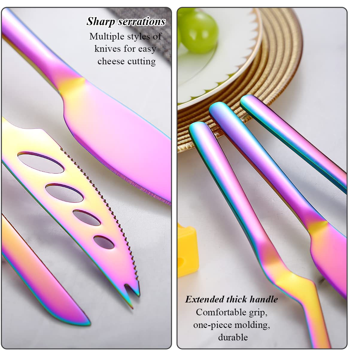 Kyraton 3-Piece Rainbow Cheese Knife Set - Ergonomic Titanium Plated Cheese Slicer, Butter Knife & Cheese Cutter for Hard & Soft Cheeses - Perfect for Charcuterie Boards, Wine Parties & Gourmet Cooking