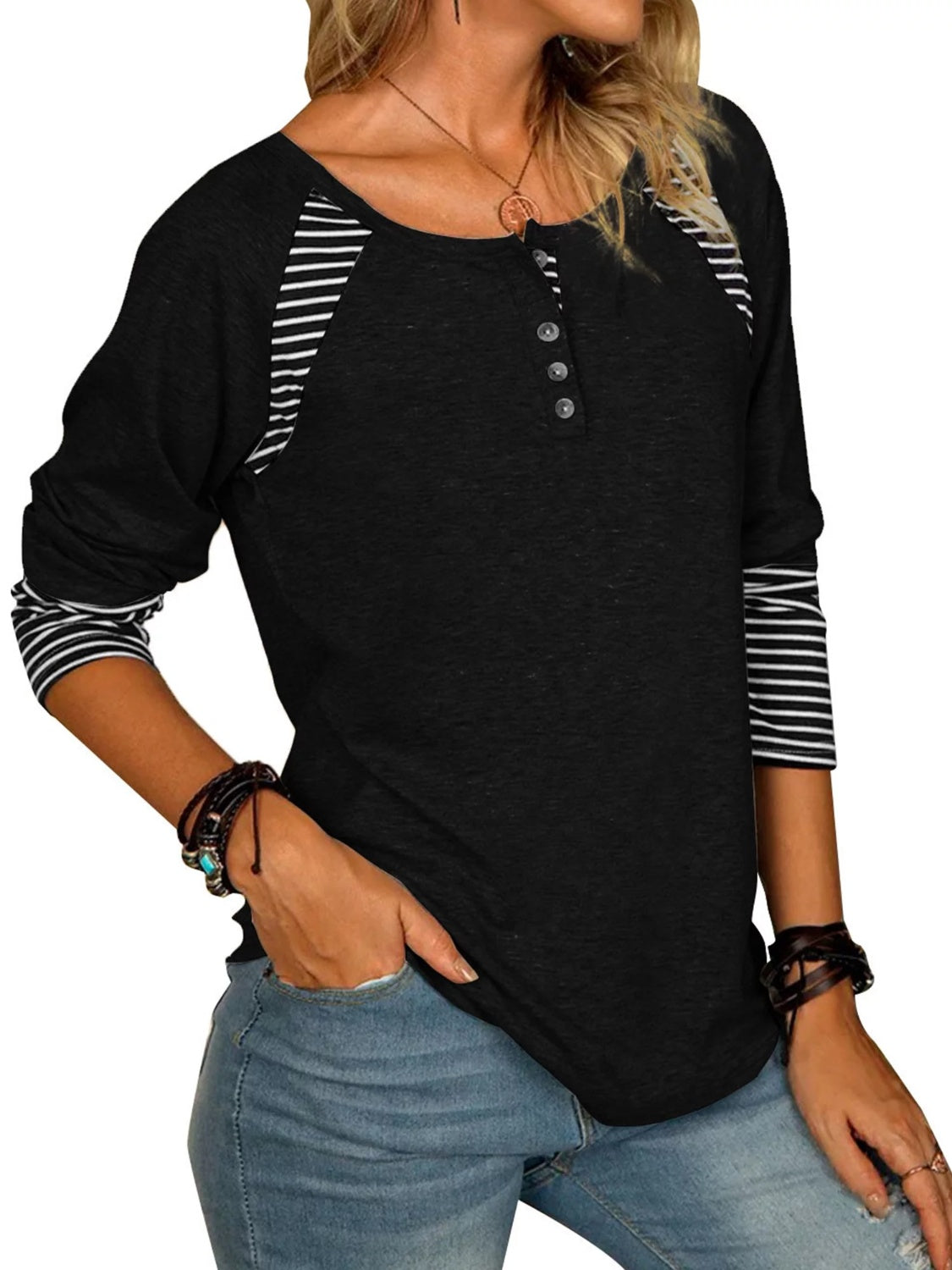Men's Full Size Striped Quarter Button Long Sleeve T-Shirt - Casual Comfort Wear for Everyday Outfits & Layering