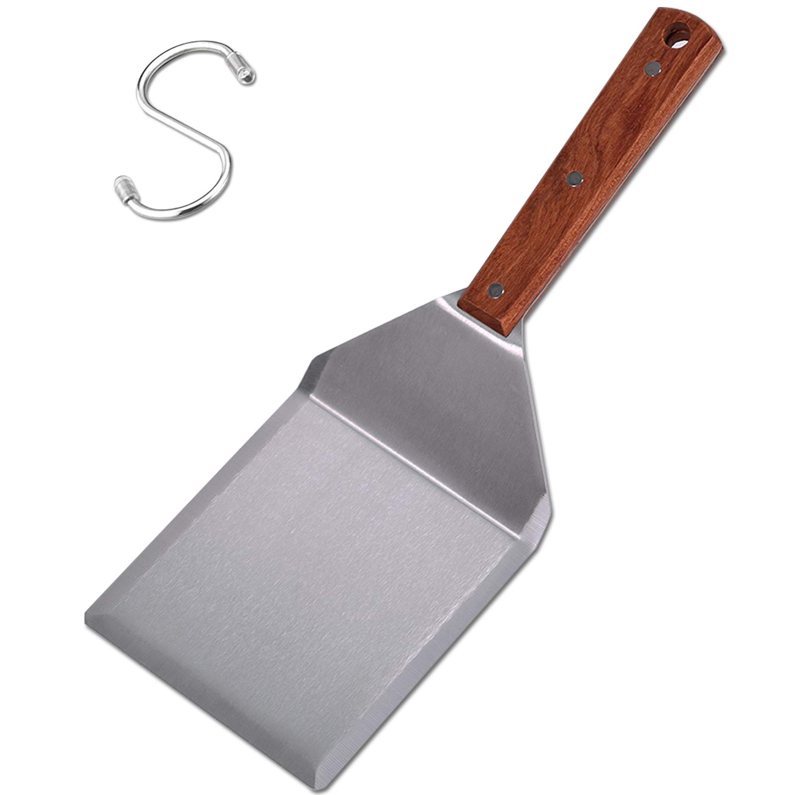 Premium Stainless Steel Griddle Spatula with Sturdy Wooden Handle - 13.5 x 5 Inch Heavy Duty Burger Turner with Hook - Perfect for Flipping Pancakes, Eggs, Burgers, Fish & Omelets - Ideal for BBQ, Camping & Home Kitchen Use