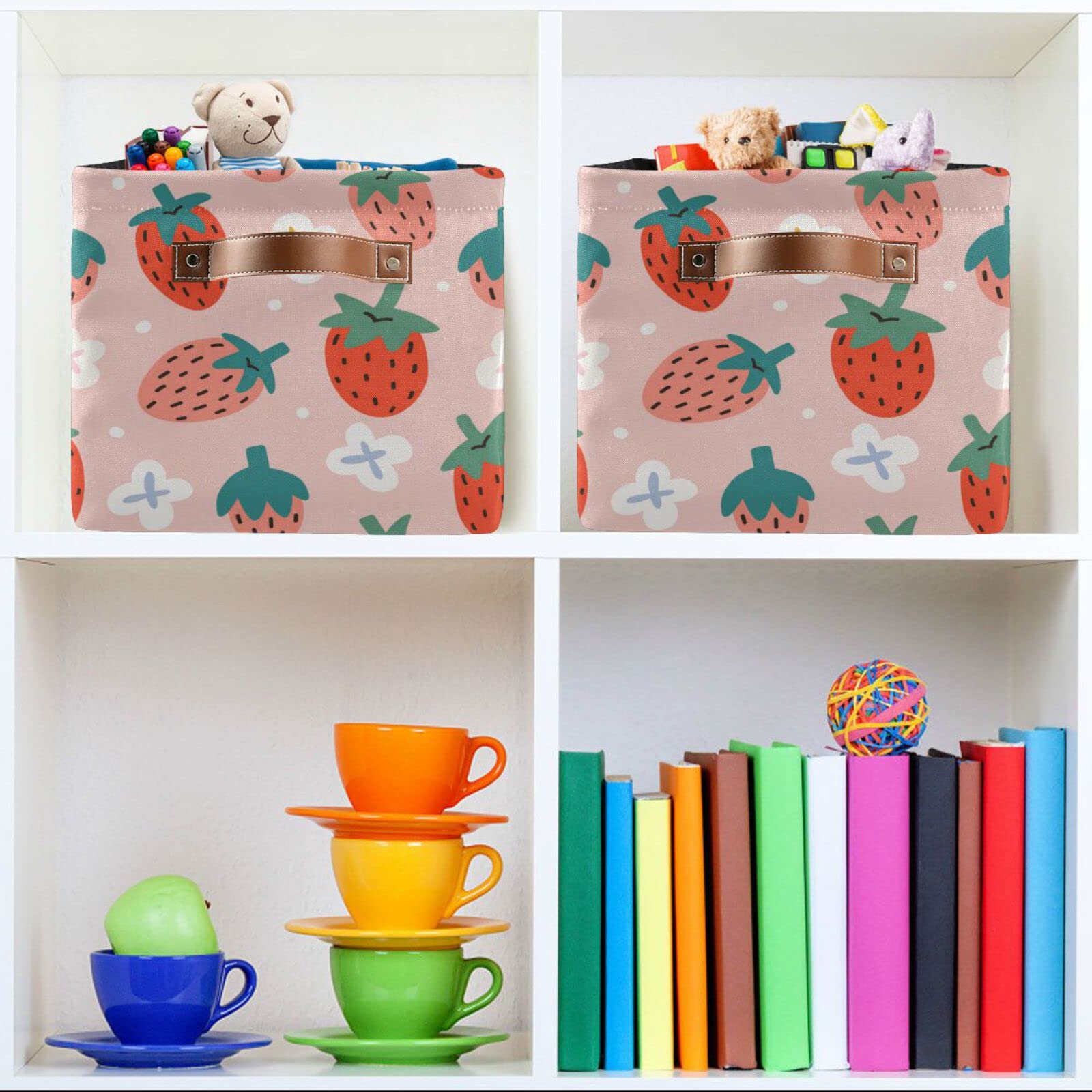 Strawberry Print Foldable Storage Bins (2-Pack) - Collapsible Fabric Storage Baskets with Handles for Nursery, Closet, Bedroom & Office Organization - Perfect for Toys, Books & Home Decor