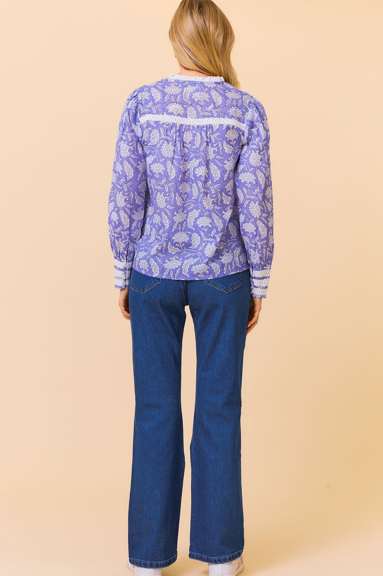 Margot Organic Cotton Block Print Blouse - Iris Blue & White Floral Top | Boho Chic Women's Shirt for Casual Wear & Summer Outfits