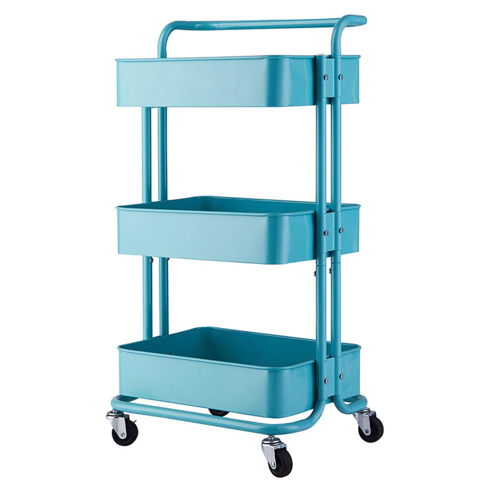 3-Tier Metal Rolling Utility Cart with Wheels - Small Storage Organizer for Office, Home, Kitchen & Outdoor Use - Turquoise Color - Perfect for Organizing Supplies, Books, or Kitchen Essentials