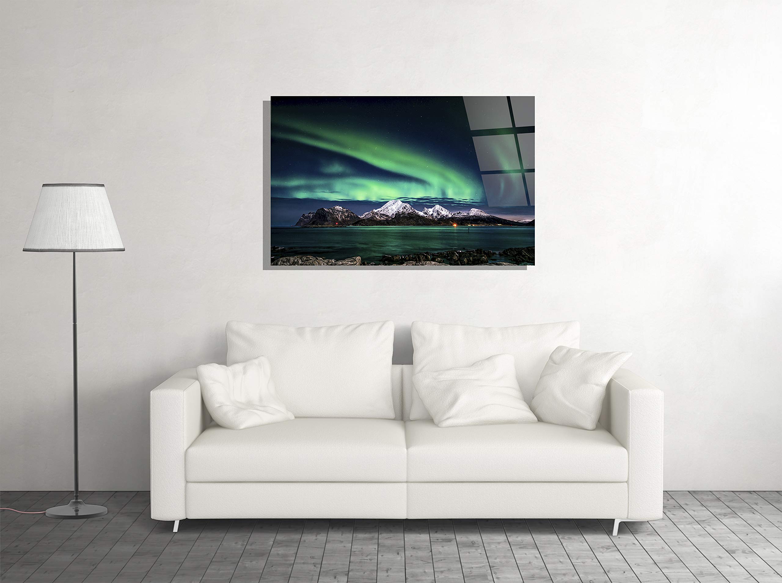 Aurora Northern Lights Polar Night Sky Stars Mountain Lake Snow Peaks Nature Landscape Tempered Glass Wall Art - 24x36 Inches - Modern Home, Office & Hotel Decor - Perfect Gift for Nature Lovers & Art Enthusiasts (Living Room, Bedroom, Lobby Display)