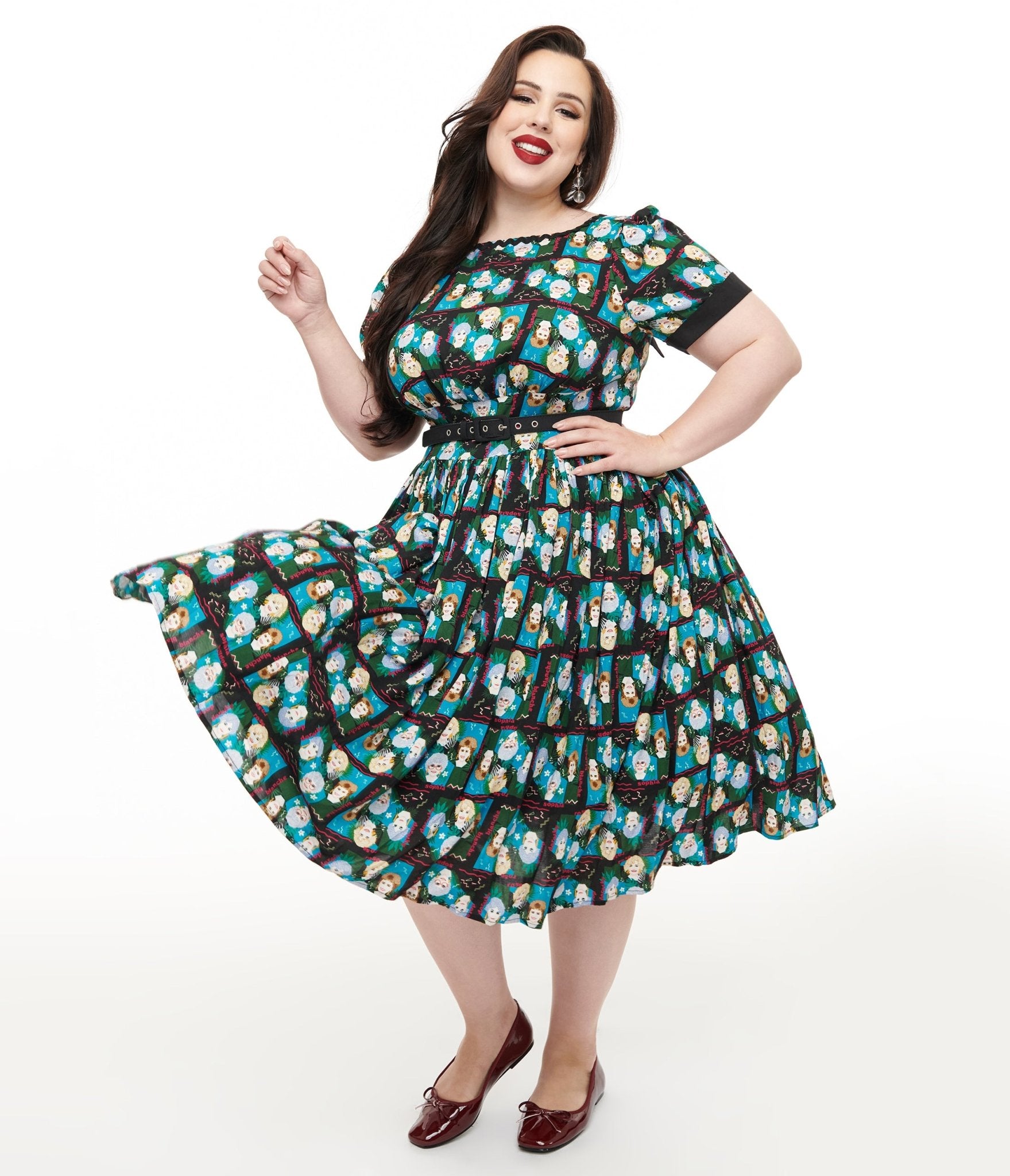 Golden Girls Print Swing Dress - Plus Size Black & Blue Vintage Style Dress | Unique Vintage Collection | Perfect for Themed Parties, Cosplay & Retro Fashion Lovers