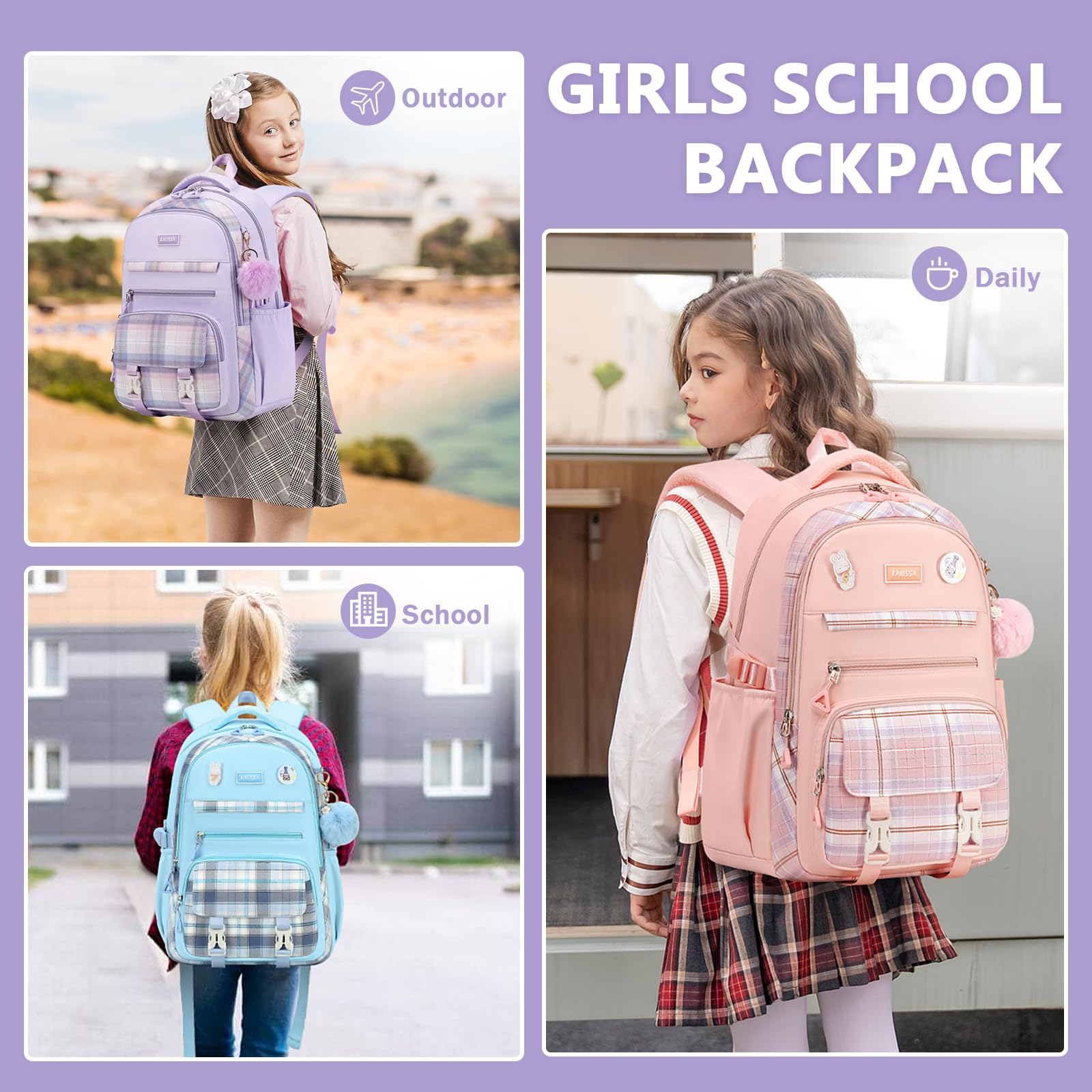 Cute Purple Girls Backpack for School - Kawaii Bookbag with Multiple Pockets for Elementary & Middle School Students (Ages 6-14) | Perfect for Daily Use, Travel & Outdoor Activities