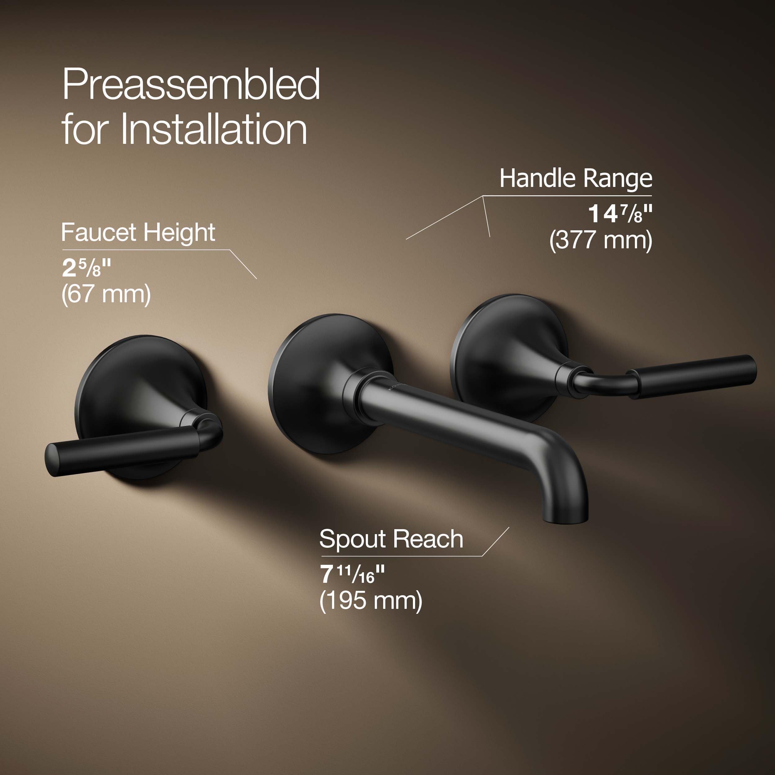 Kohler T26439-4-BL Matte Black Wall-Mount Bathroom Sink Faucet Set with Two Lever Handles - Modern Waterfall Spout Design for Powder Room, Guest Bath & Small Space Installation