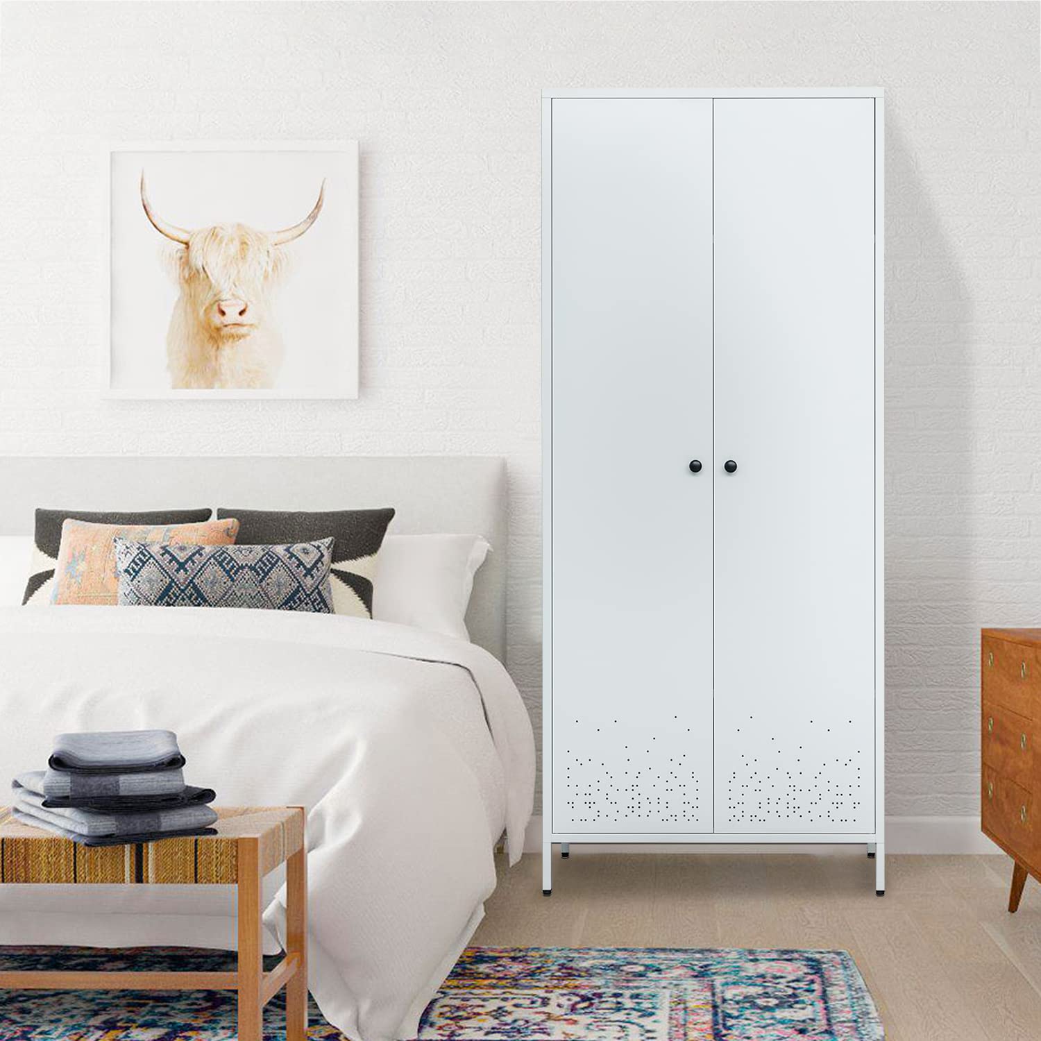 White Metal Storage Cabinet with Hanging Rod - Wardrobe Armoire Closet Organizer for Bedroom, Laundry Room & Home Organization - Perfect for Clothes Storage, Linen Organization & Small Space Saving