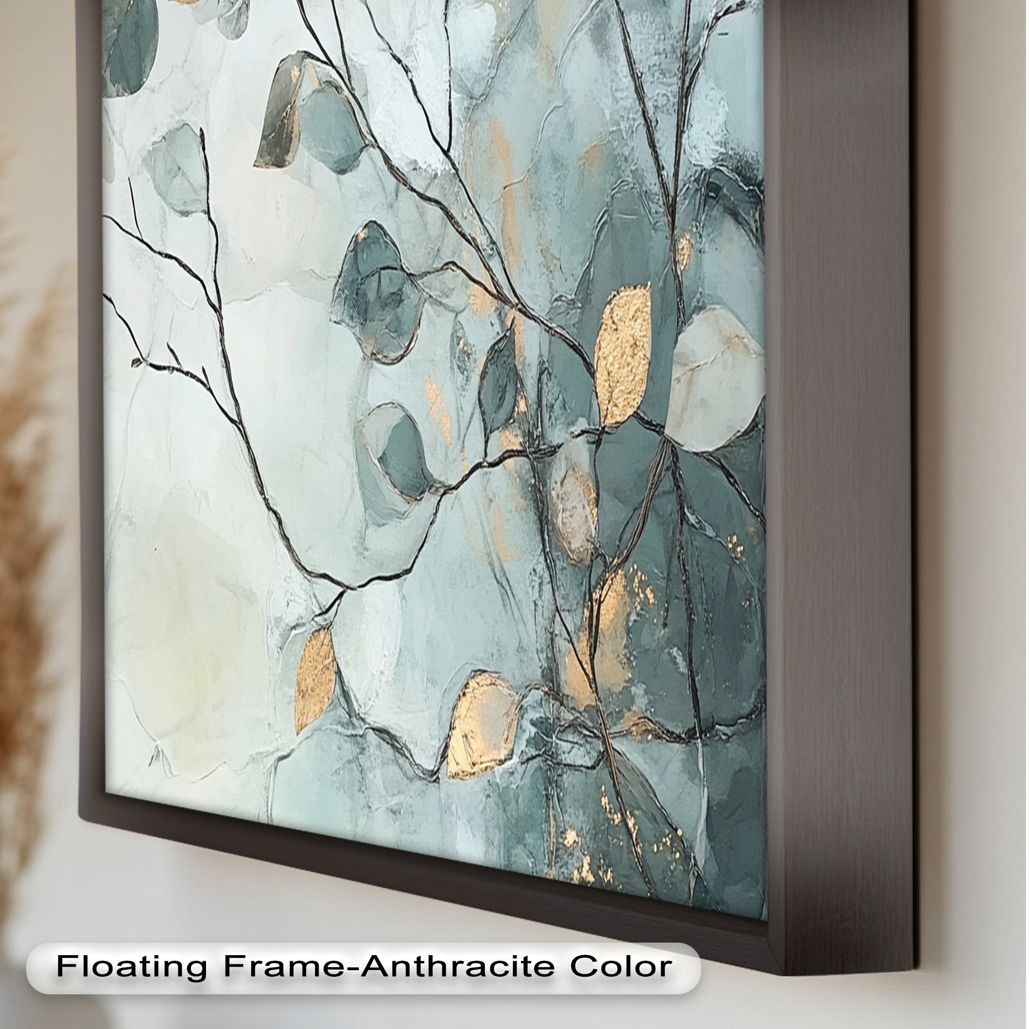 Blue and Metallic Leaf Branch Abstract Oil Painting - Handmade Canvas Wall Art for Living Room, Bedroom & Office Decor