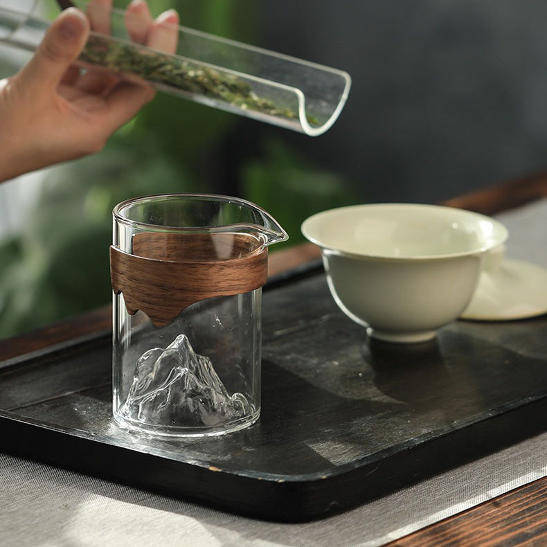 Premium Mountain Glass Fair Cup with Natural Bamboo Handle - Perfect for Tea, Coffee & Hot Beverages at Home, Office or Outdoor Camping