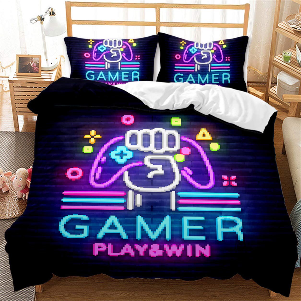 3D Video Game Bedding Set for Kids - Full Size Gamepad Duvet Cover with 2 Pillowcases | HMT NF Gamer Theme | Perfect for Gaming Rooms, Sleepovers & Teen Bedrooms