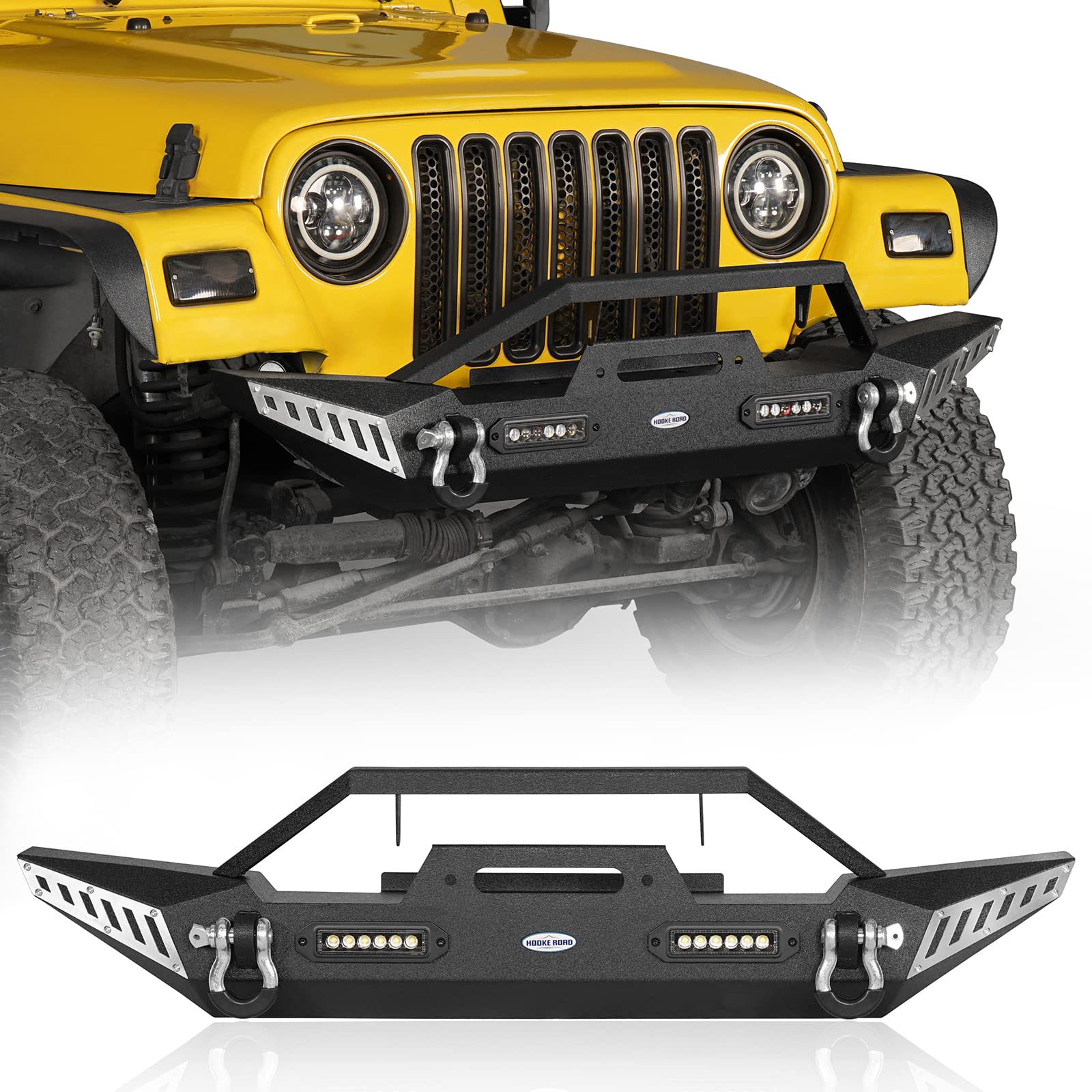 Stubby Front Bumper with Winch Plate, LED Lights & D-Rings for 1987-2006 Jeep Wrangler YJ & TJ Models - Off-Road Adventure & Trail Riding Upgrade