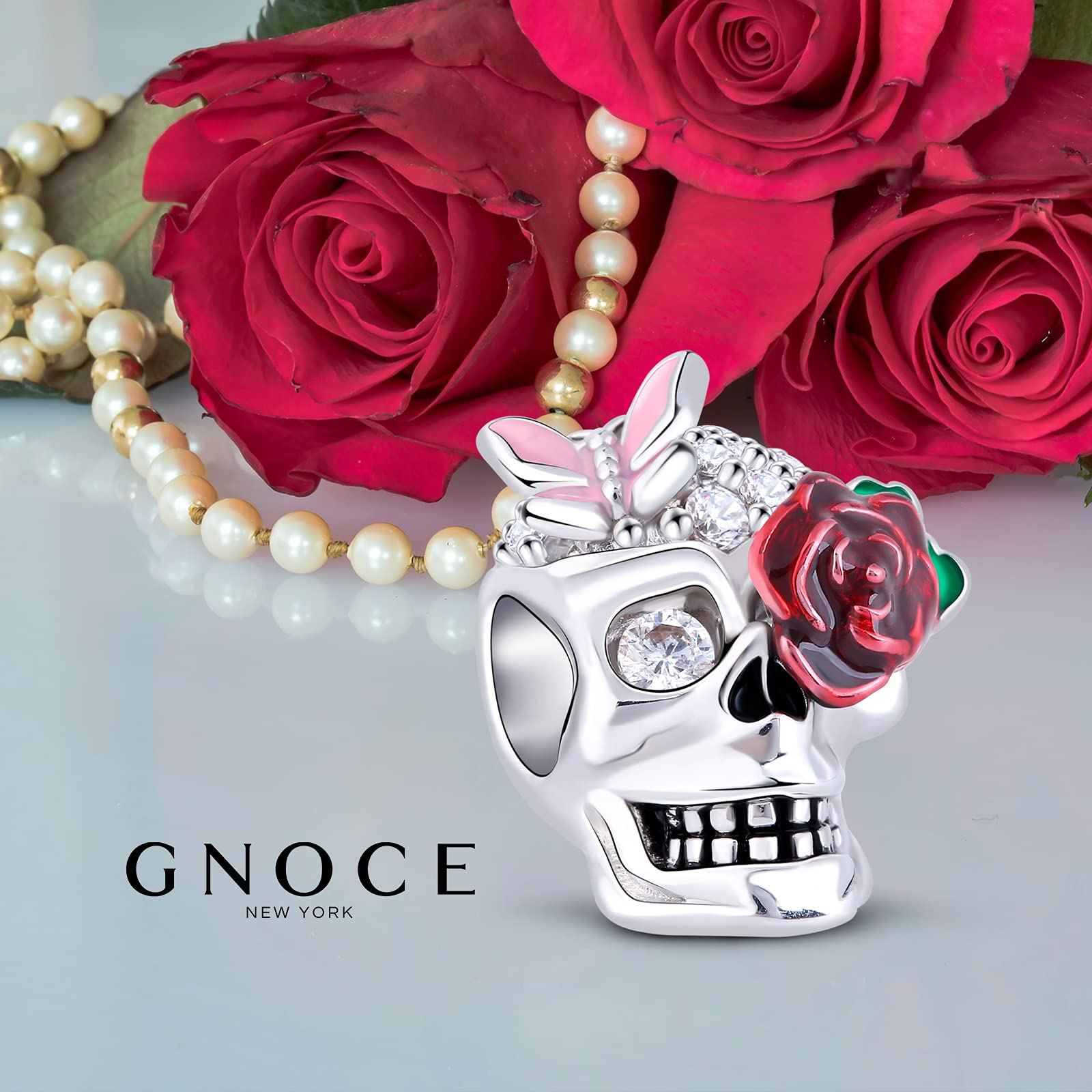 GNOCE S925 Sterling Silver Sugar Skull Charm for Women - Rose Skull Pendant for Bracelets & Necklaces - Perfect for Day of the Dead Jewelry, Boho Fashion & Gift Giving