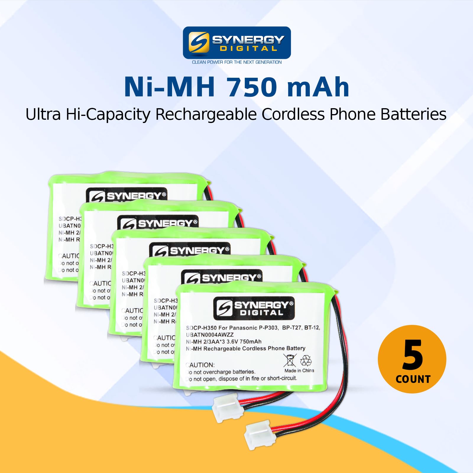 Synergy Digital 3.6V Ni-MH 750mAh Cordless Phone Batteries - 5 Pack | Compatible with RCA Cordless Phones | Ultra High Capacity Rechargeable Batteries for Home & Office Use
