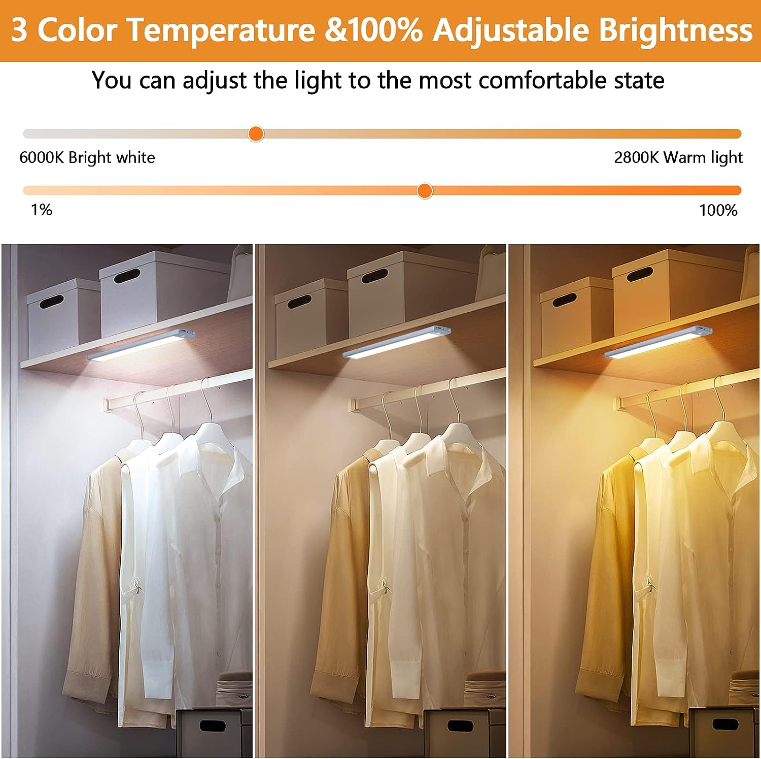 2 Pack Wireless USB Rechargeable PIR Motion Sensor LED Cabinet Light - Under Counter Closet Lighting, 2700K-6500K Adjustable Color Temperature for Kitchen, Wardrobe, Hallway - Perfect for Dark Spaces & Nighttime Use