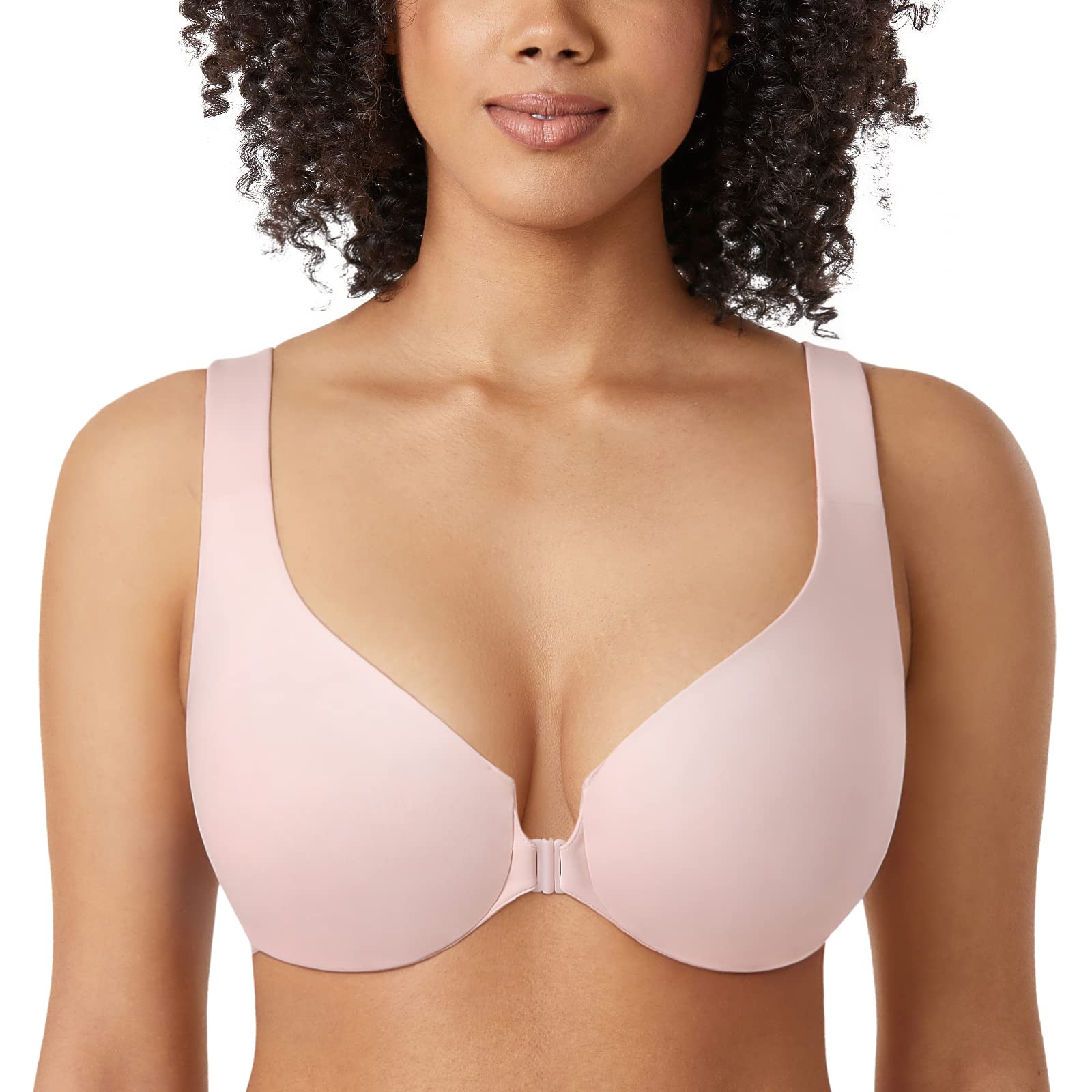 DELIMIRA Women's Front Closure Wireless Bra - Plus Size Full Coverage Racerback Plunge Bra - Comfortable Unlined Support for Everyday Wear, Workouts & Lounge