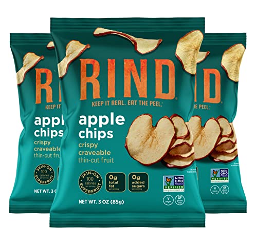 RIND Snacks Unsweetened Apple Chips - Single Ingredient, No Added Sugar, Paleo-Friendly, High Fiber Dried Fruit with Skin On (3.0 oz, Pack of 3) | Healthy Snack for Work, School & On-the-Go