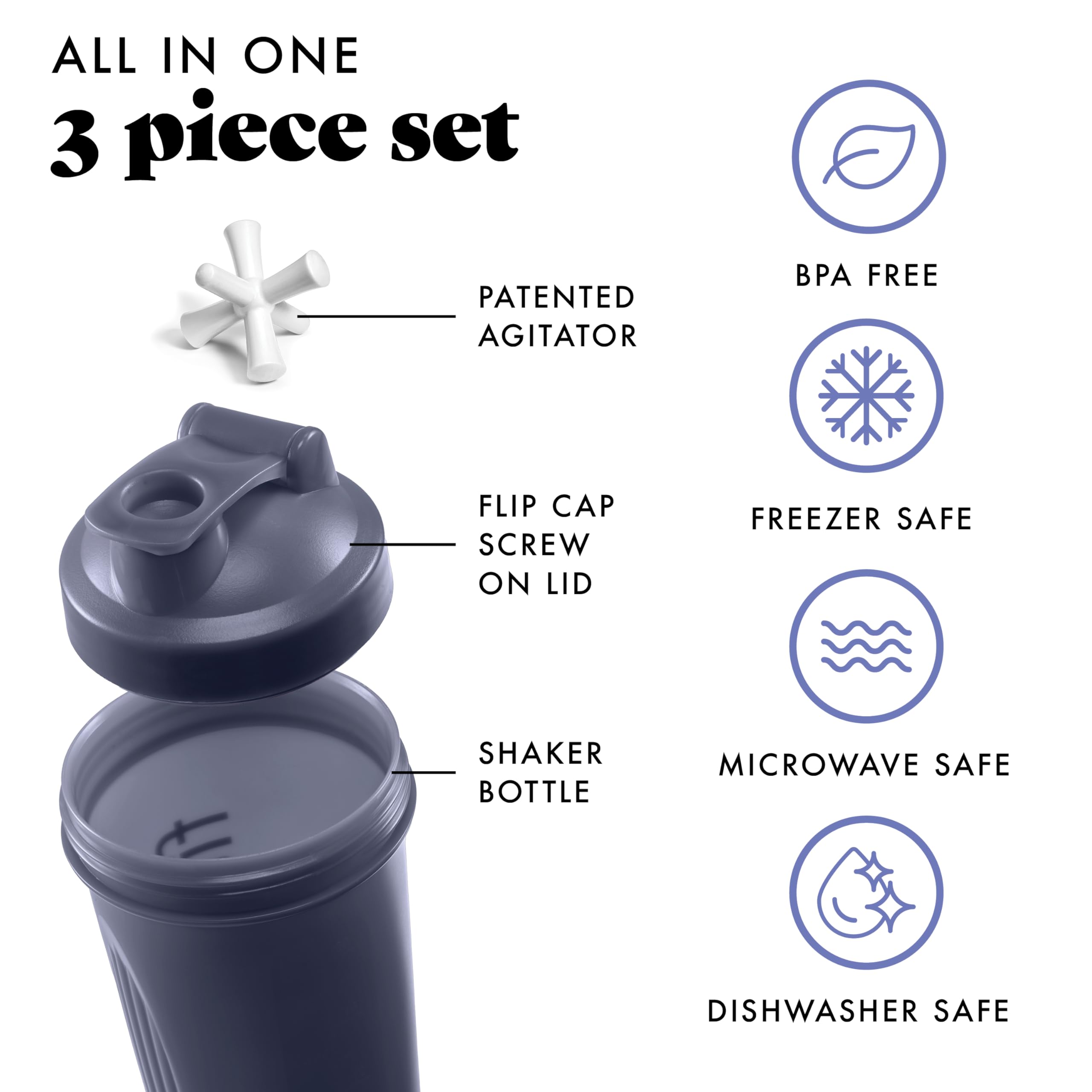 Fit & Fresh 24 oz. Leak Proof Protein Shaker Bottle for Women - Durable Sports Blender Cup with Unique Agitator for Smooth Mixing, Midnight Blue - Perfect for Gym, Workouts & Post-Exercise Recovery