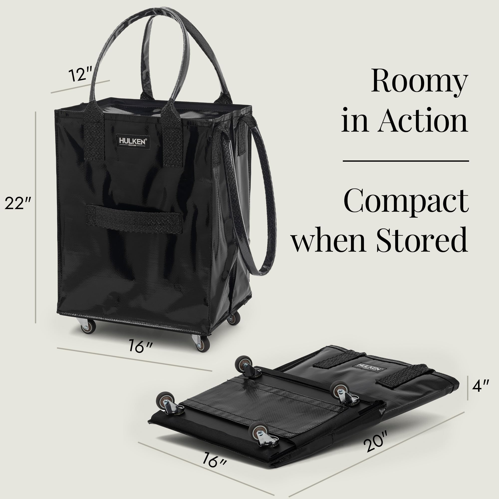 Medium Black Reusable Grocery Bag on Wheels - Foldable Shopping Cart with Zipper Closure, Lightweight Rolling Tote (Holds 66 lbs) - Perfect for Grocery Shopping, Farmers Market & Travel