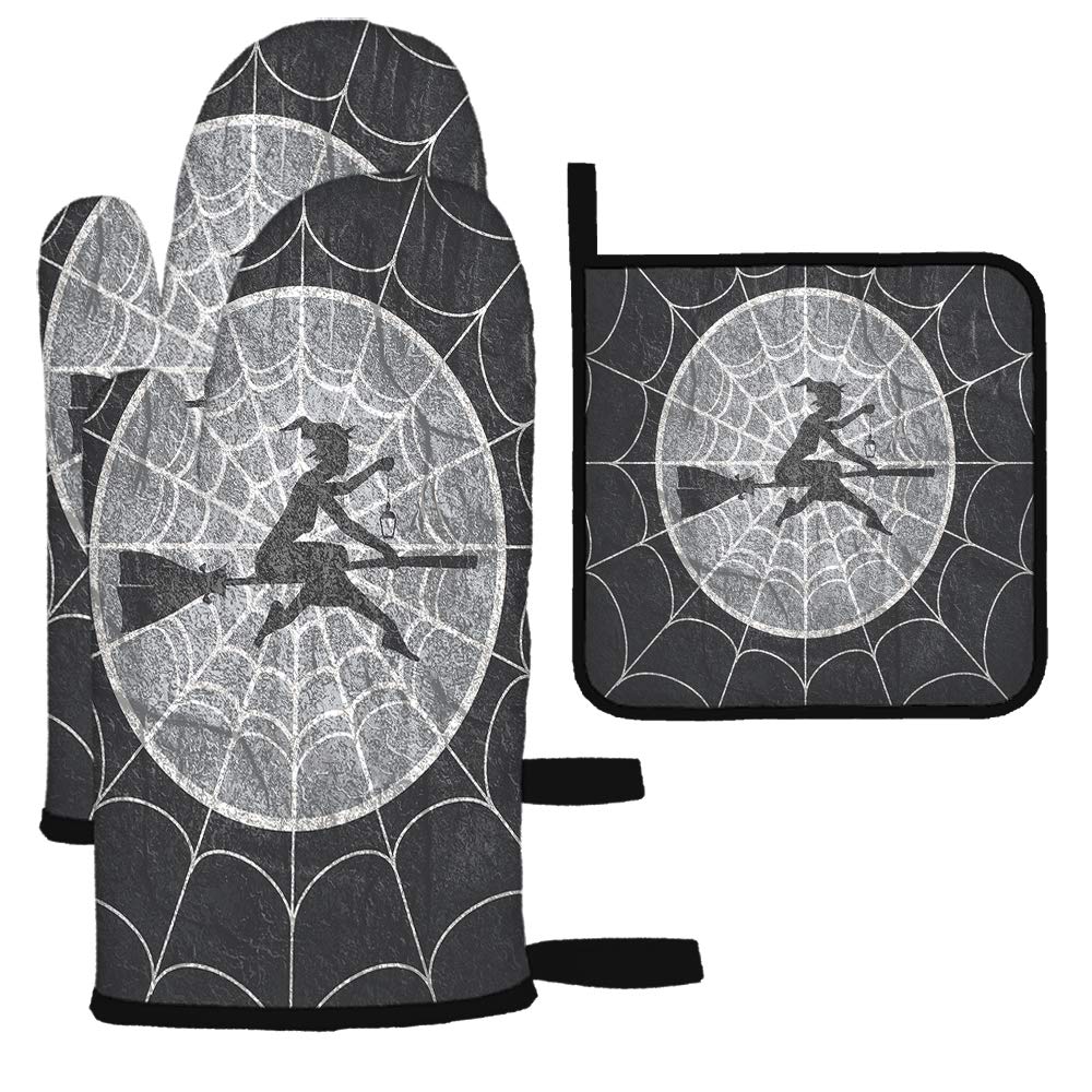 Moslion Wicked Witch Heat Resistant Oven Mitts & Pot Holders - Halloween Kitchen Gloves with Vintage Cobweb Design for Baking, BBQ, Grilling - Perfect for Spooky Themed Parties & Holiday Cooking