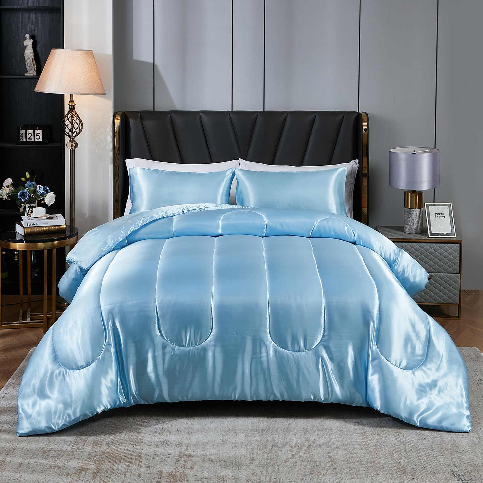 Luxury Satin Comforter Set King Size - Silky Soft Blue Bedding Set for Hotel & Home Decor - Sexy Silky Down Comforter in Baby Blue - Perfect for Master Bedroom, Guest Room & Romantic Nights